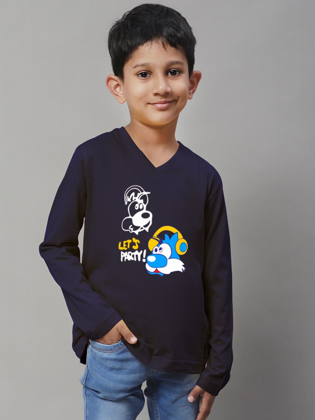

Friskers Boys Graphic Printed V-Neck Pure Cotton Slim Fit T-shirt, Navy blue