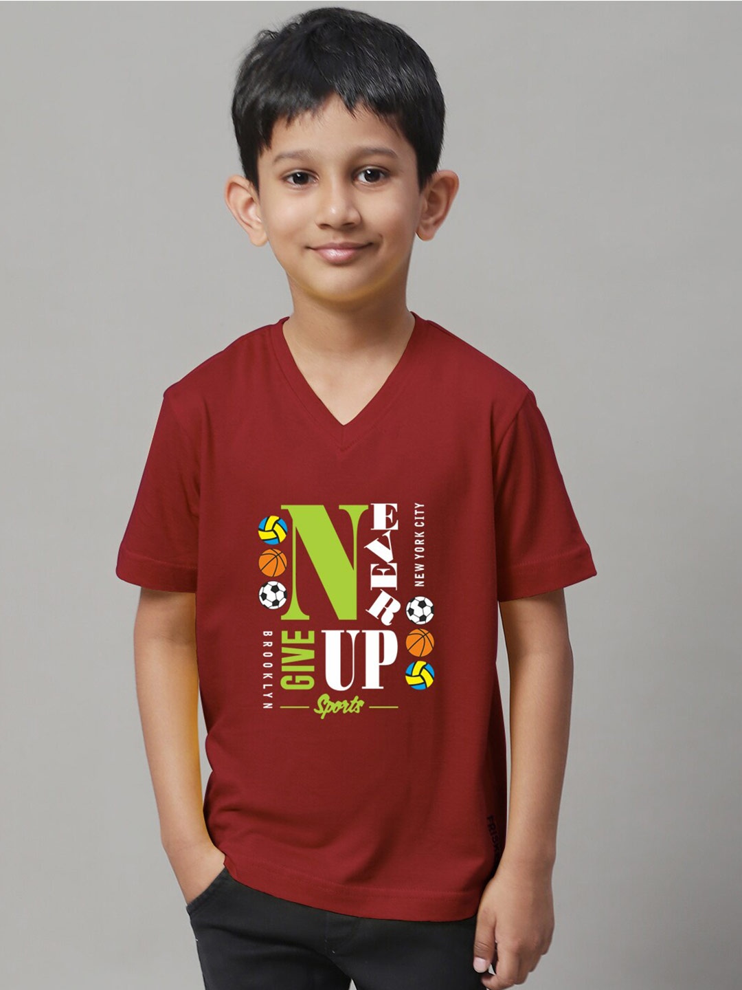 

Friskers Boys Typography Printed Pure Cotton Slim Fit T-shirt, Maroon