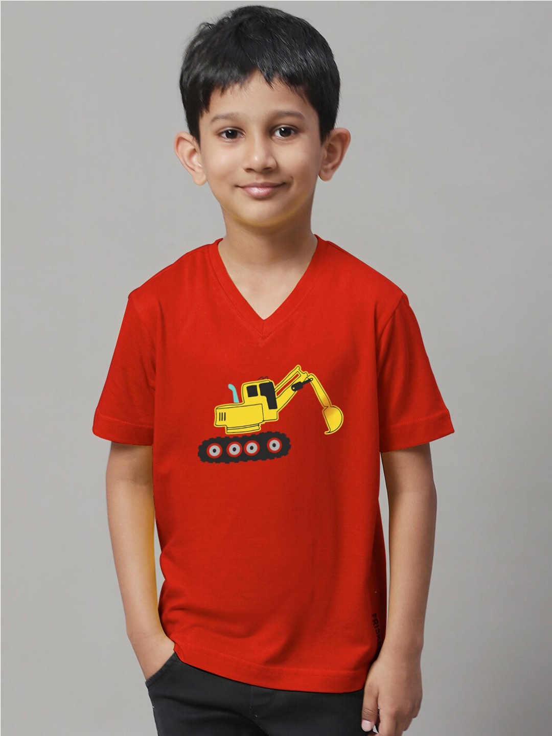 Friskers Boys Printed V-Neck Pure Cotton Slim Fit T-shirt, Red