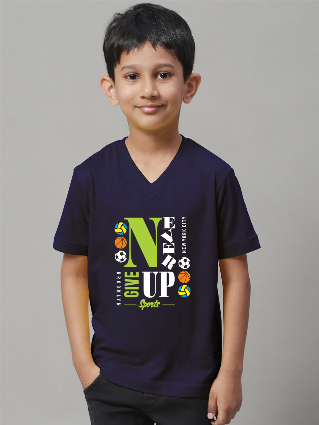 

Friskers Boys Typography Printed V-Neck Pure Cotton Slim Fit T-shirt, Navy blue