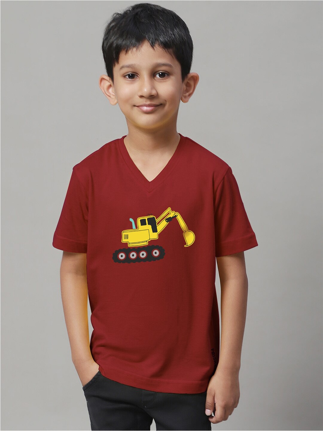 Friskers Boys Typography Printed V-Neck Pure Cotton Slim Fit T-shirt, Maroon