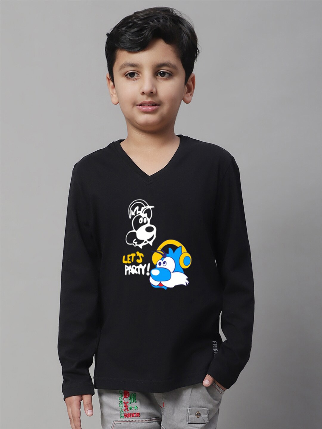 

Friskers Boys Printed V-Neck Pure Cotton Slim Fit T-shirt, Black