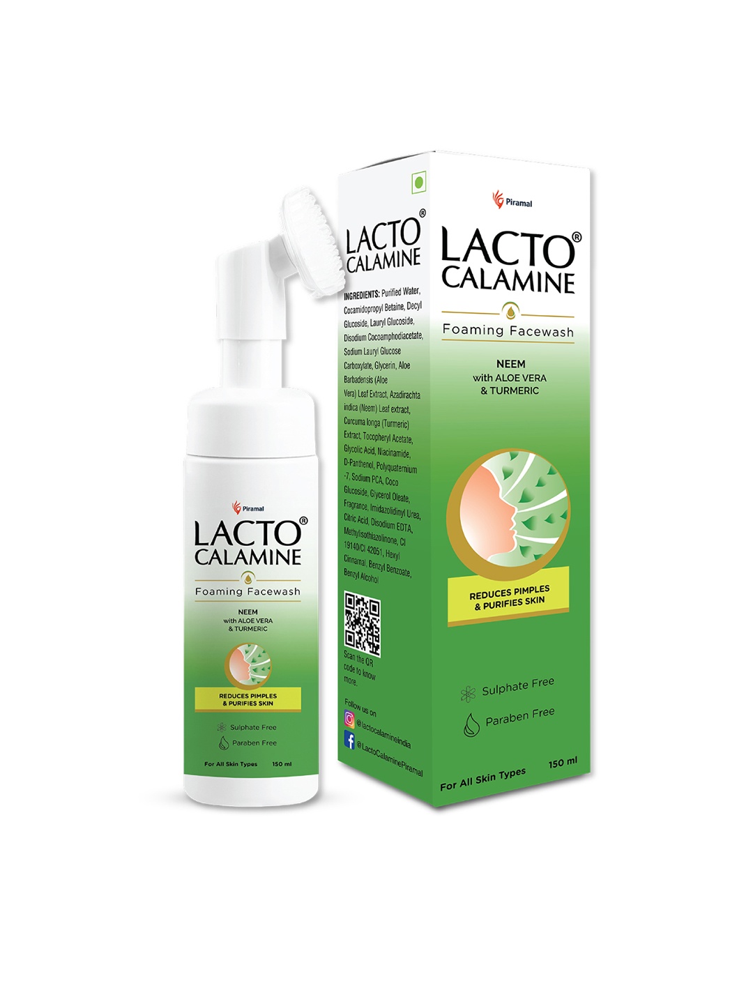 

Lacto Calamine Neem Aloe Turmeric Foaming Face Wash with Built-In Foaming Brush - 150ml, Green