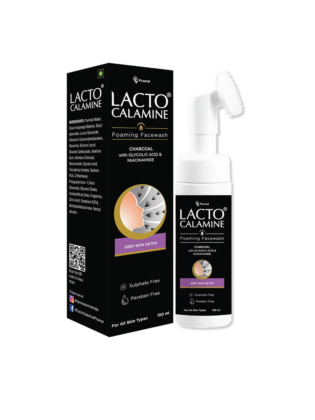 

Lacto Calamine Charcoal Foaming Face Wash with Built-In Foaming Brush - 150ml, Black