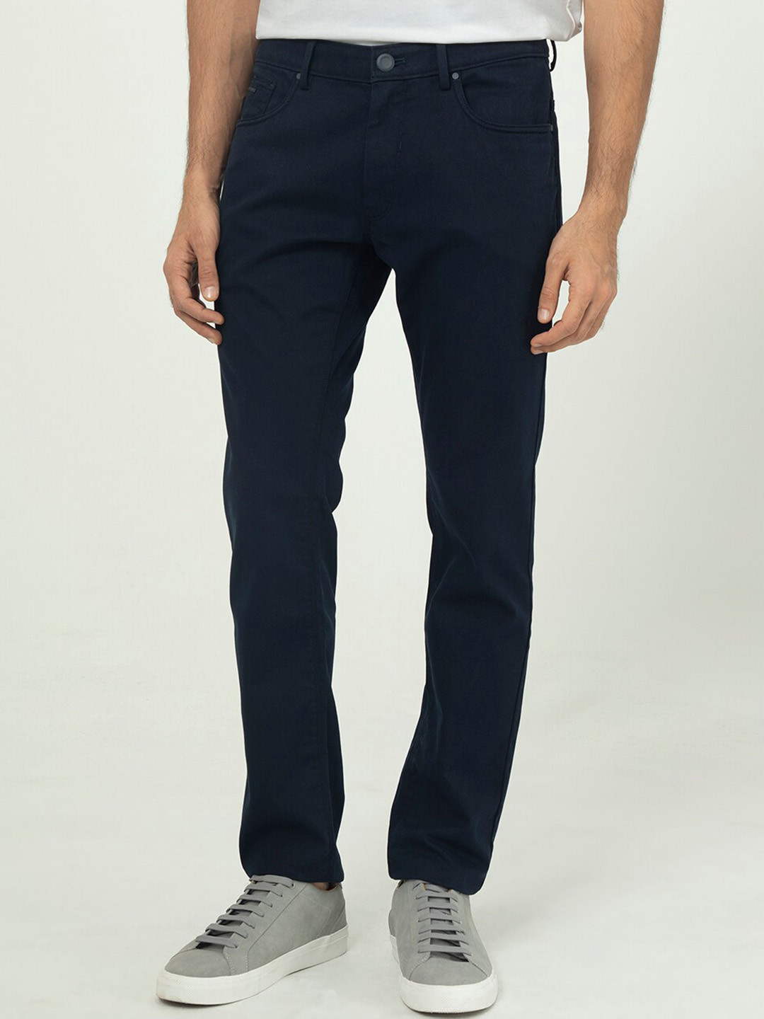 

RARE RABBIT Men Slim Fit Mid-Rise Cotton Trousers, Navy blue