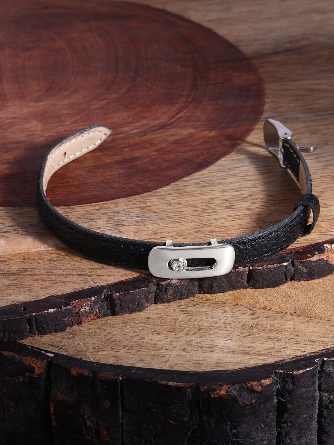 

MINUTIAE Men Silver Plated Crystals Wraparound Bracelet