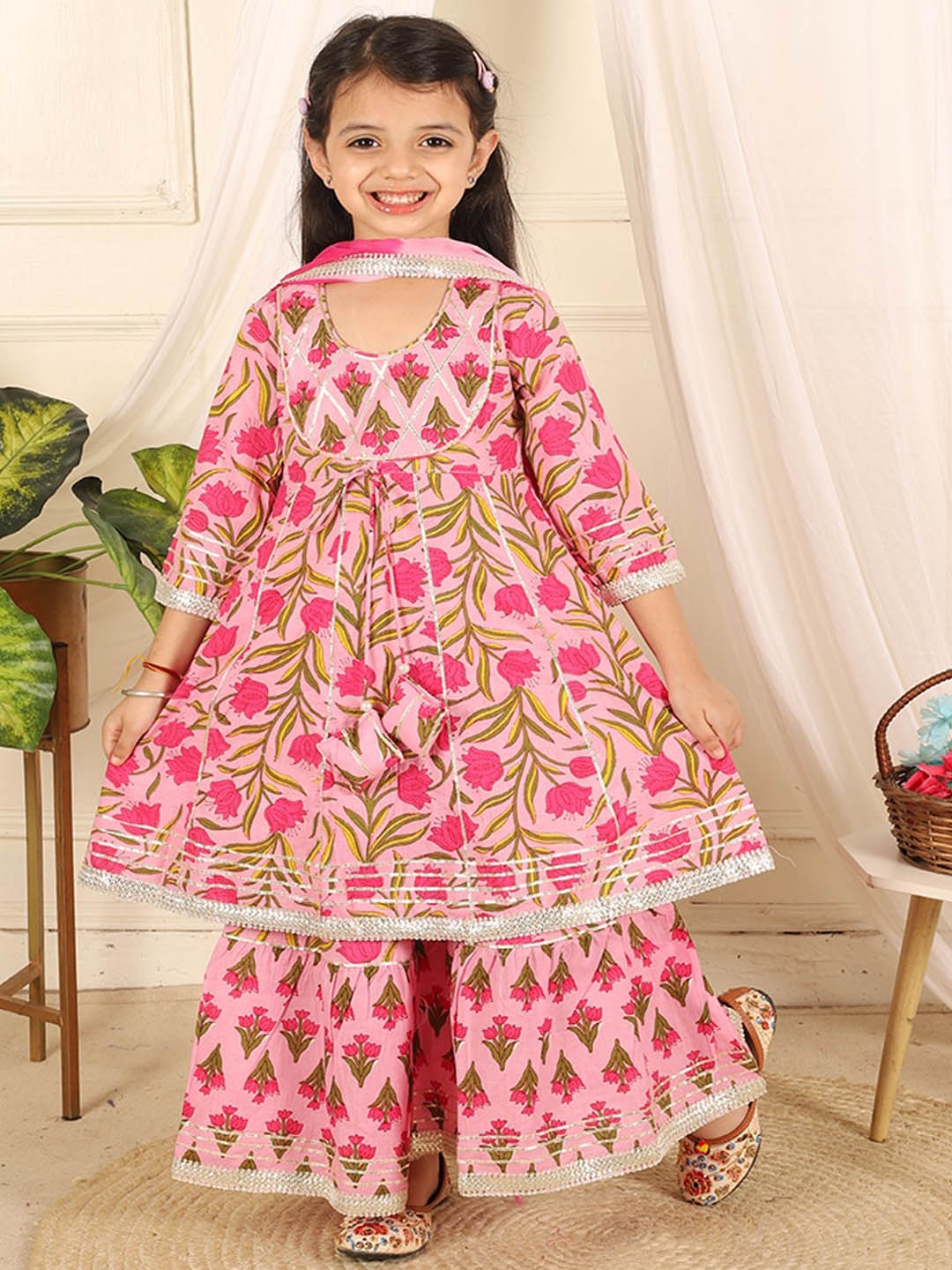 

Ka-mee Girls Round Neck Floral Printed Pure Cotton Kurta & Sharara With Dupatta, Pink