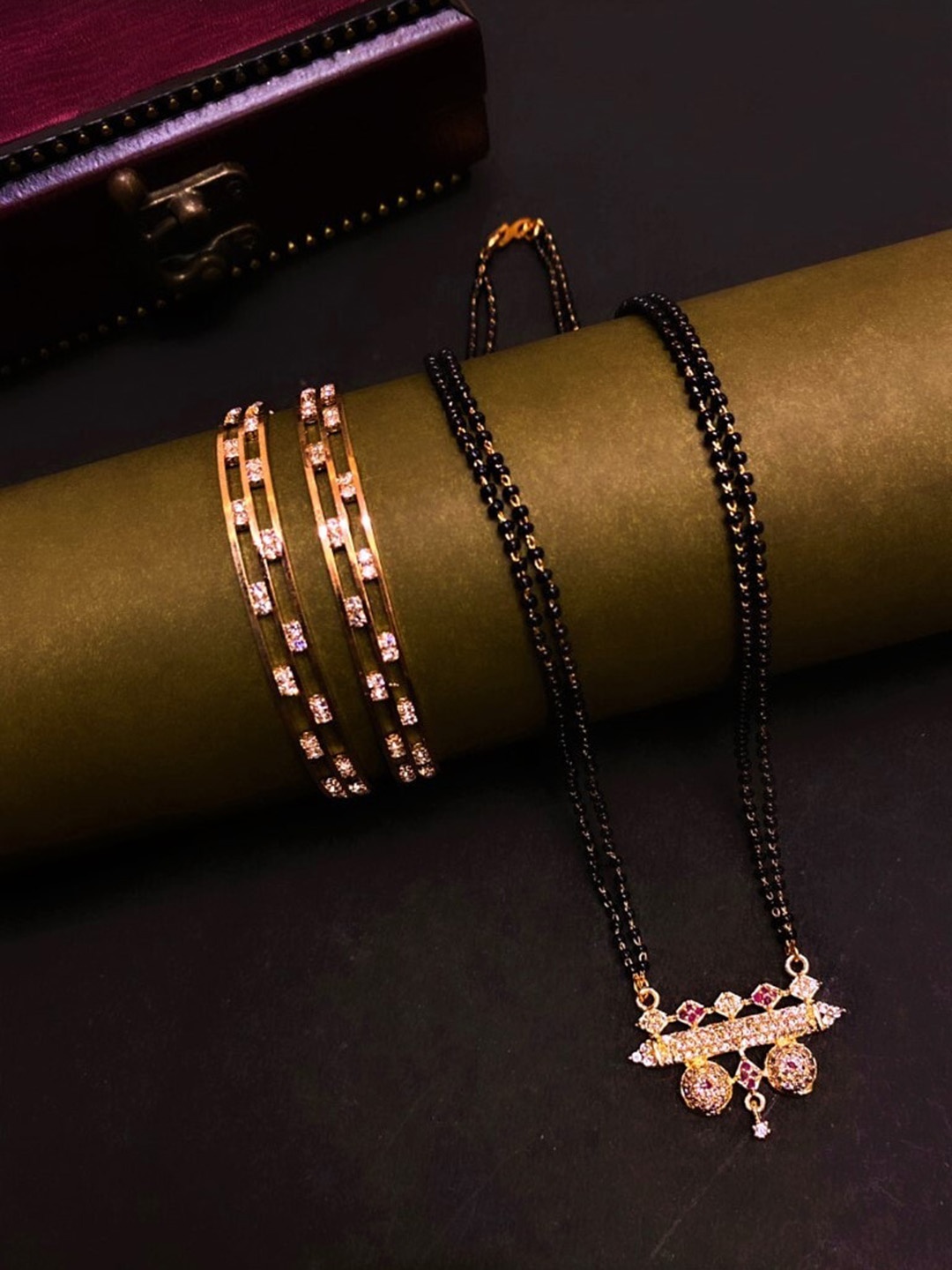 

ATIBELLE Rose Gold-Plated CZ Studded & Beaded Mangalsutra with Bangles