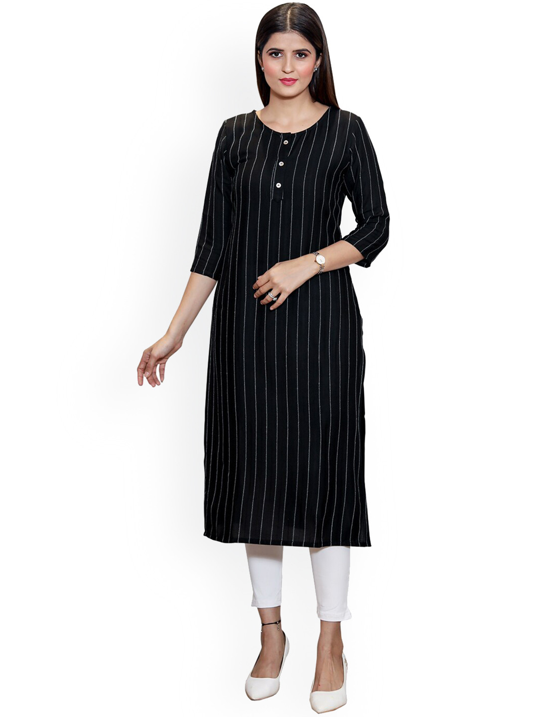 

SANADO Striped Round Neck Pure Cotton Straight Kurta, Black