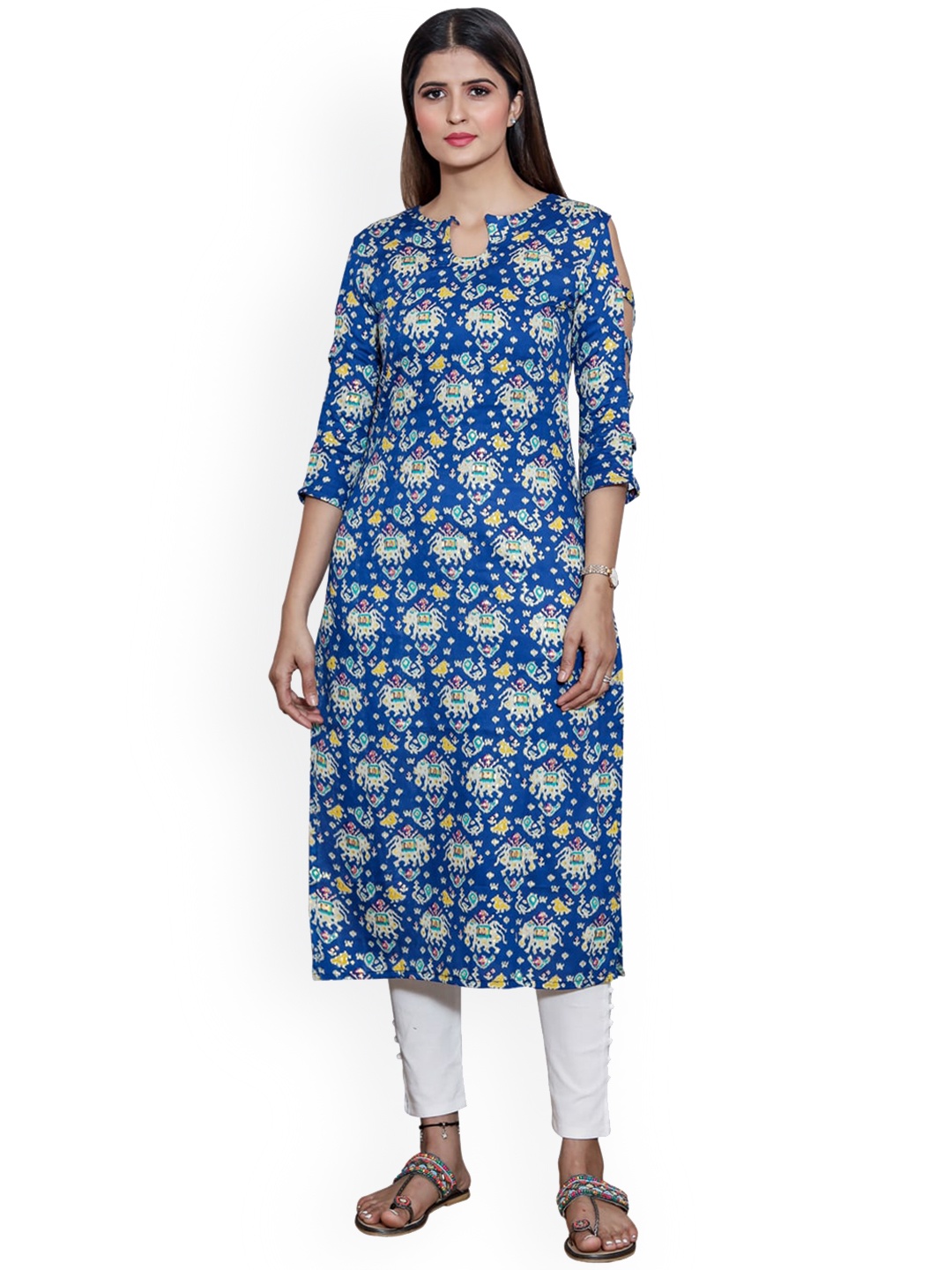 

SANADO Ethnic Motifs Printed Keyhole Neck Pure Cotton A-Line Kurta, Blue