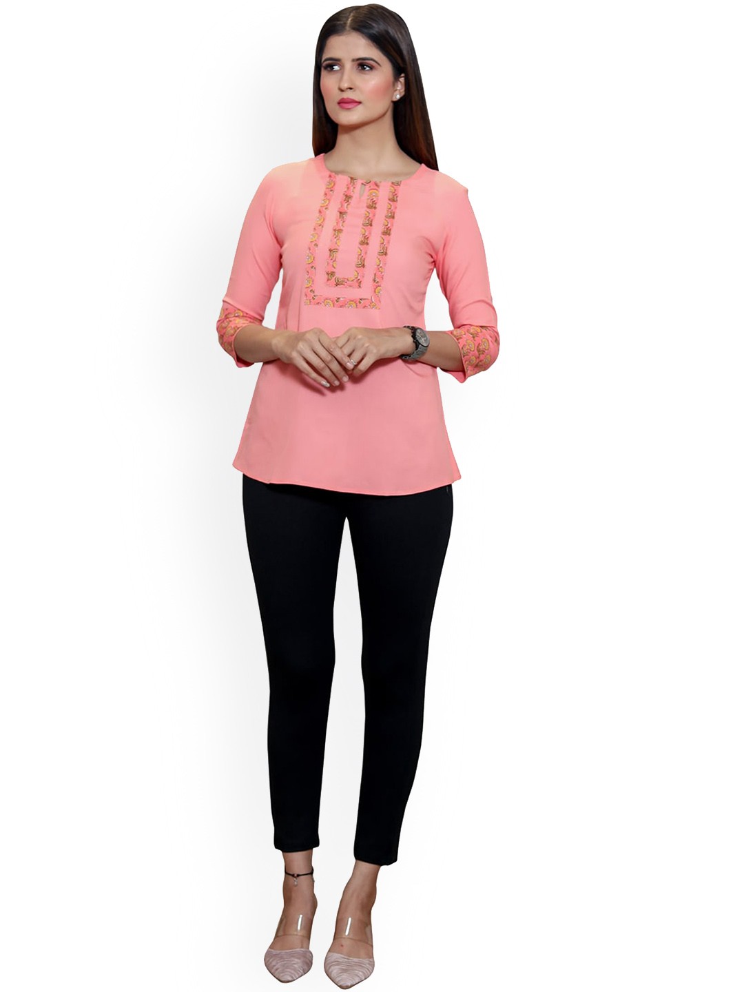

SANADO Floral Printed Keyhole Neck Regular Tops, Pink