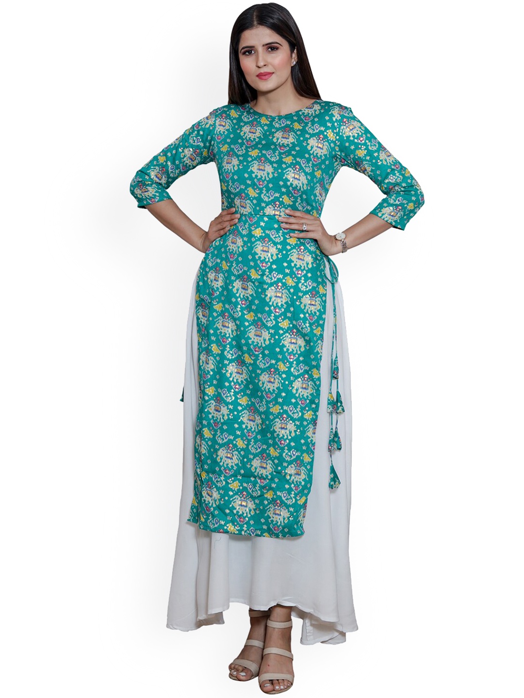 

SANADO Ethnic Motifs Printed Boat Neck Cotton A-Line Kurta, Green