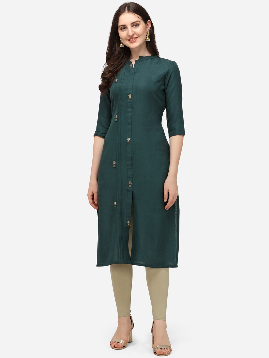 

SANADO Mandarin Collar Sequined Pure Cotton A-Line Kurta, Green