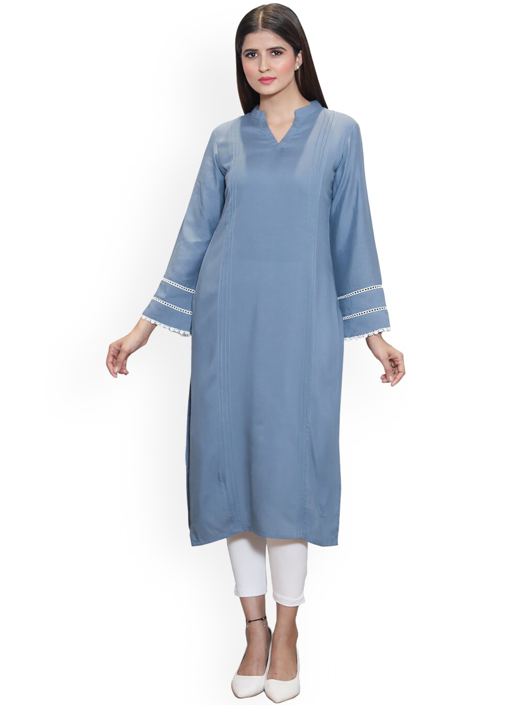 

SANADO Striped Flared Sleeves Lace-Insert Detail Cotton Straight Kurta, Blue
