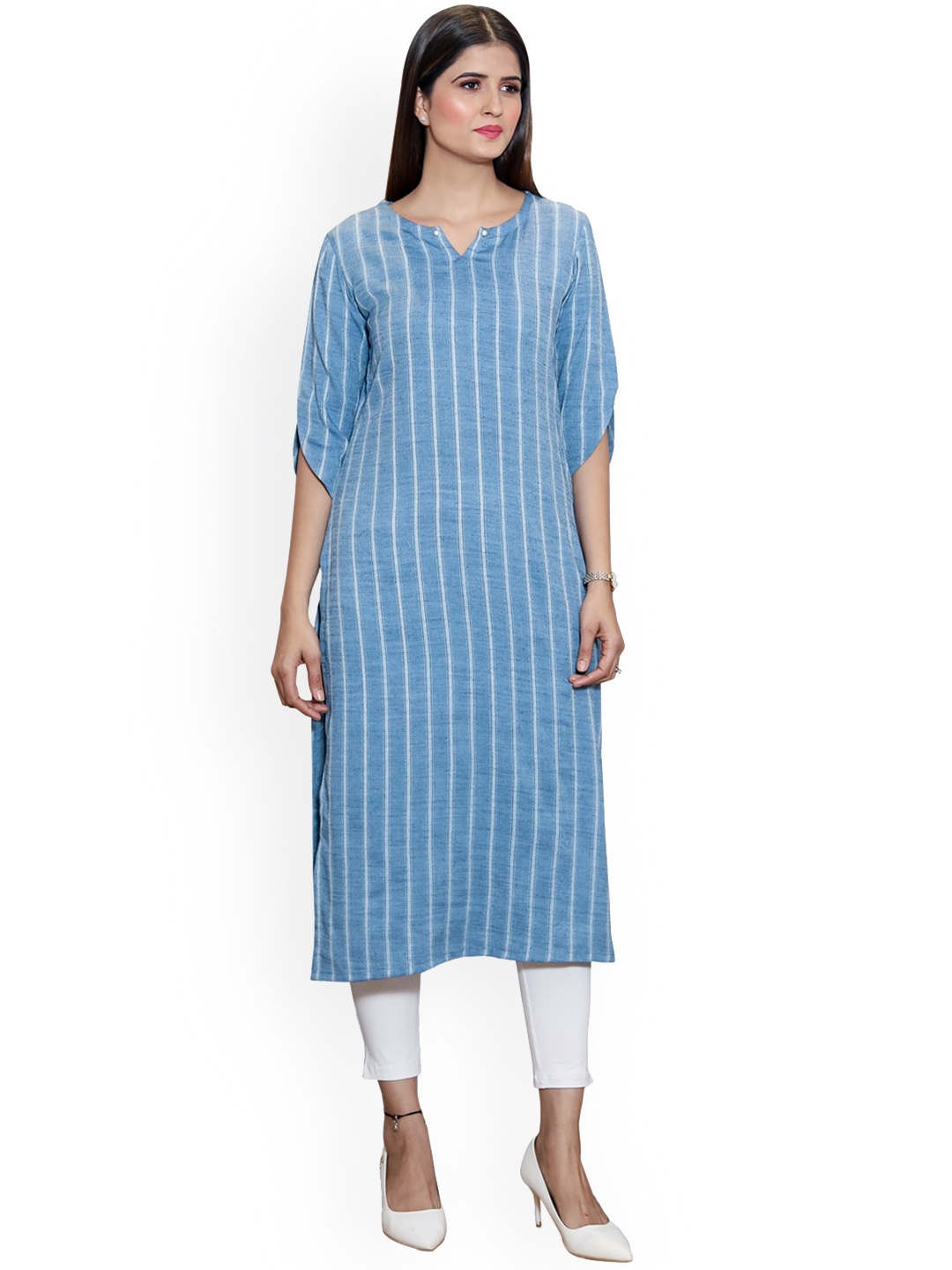 

SANADO Striped Notched Neck Cotton Straight Kurta, Blue