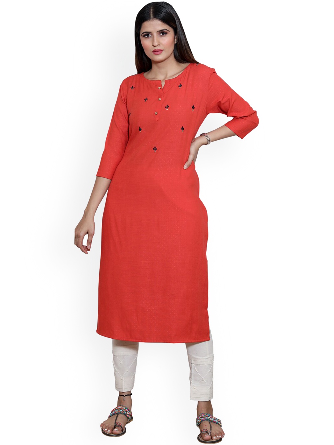 

SANADO Ethnic Motifs Embroidered Sequined Pure Cotton Kurta, Red