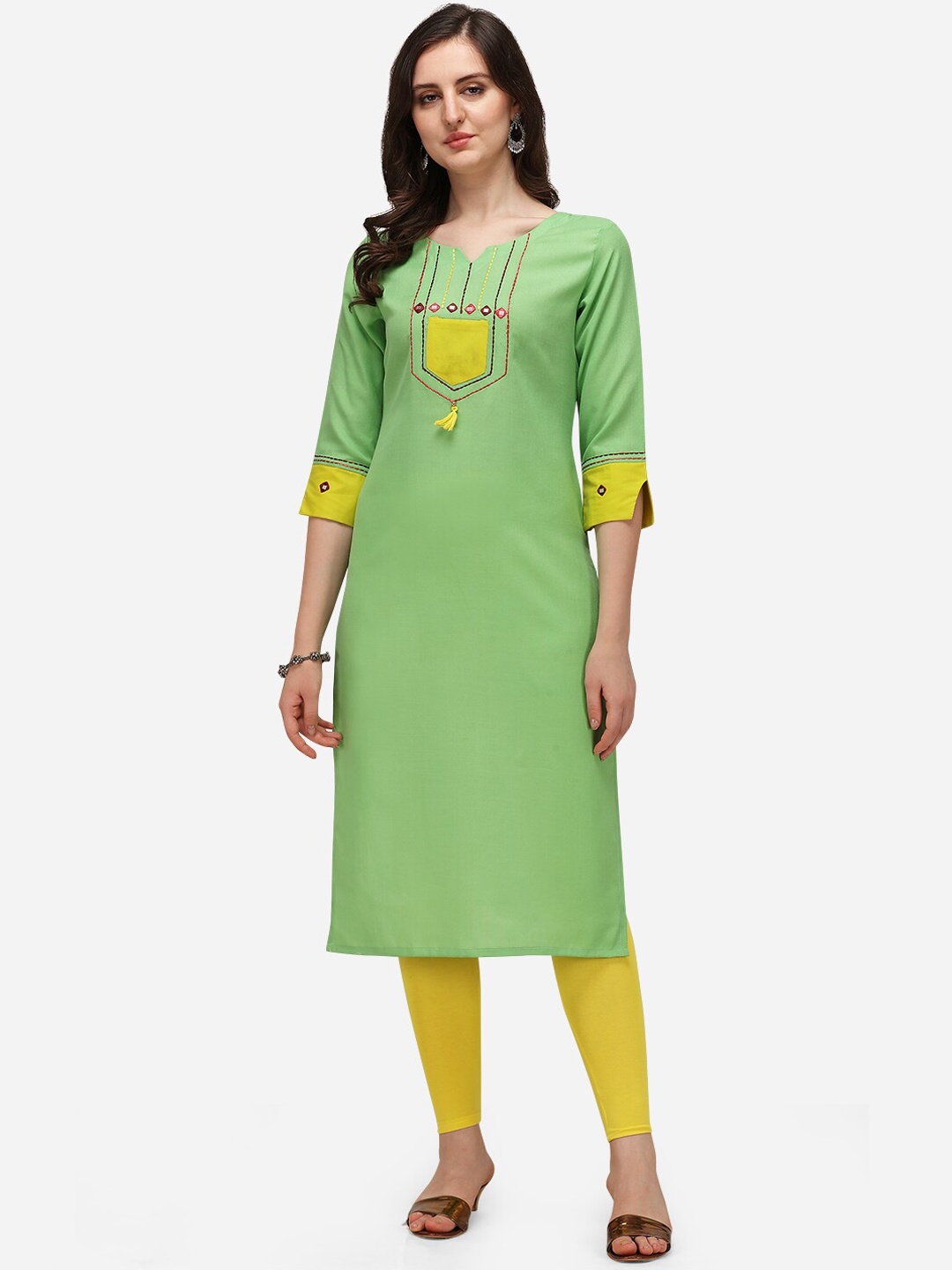 

SANADO Thread Work Detail Cotton Straight Kurta, Green