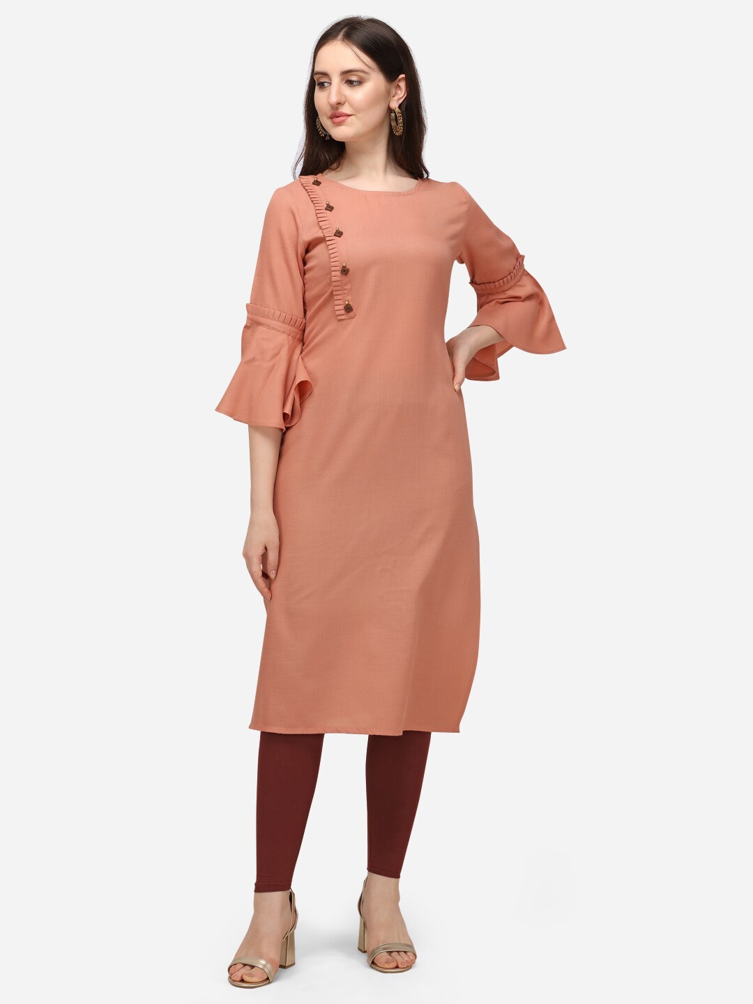 

SANADO Bell Sleeves Cotton Straight Kurta, Brown