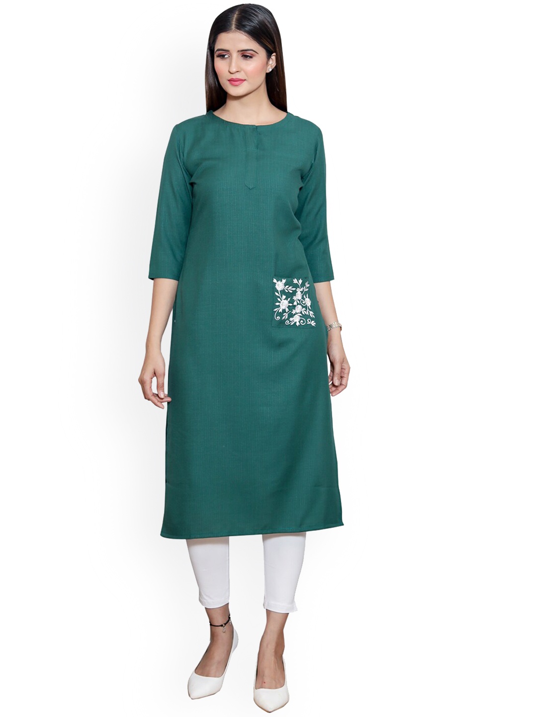 

SANADO Thread Work Detail Cotton Straight Kurta, Green