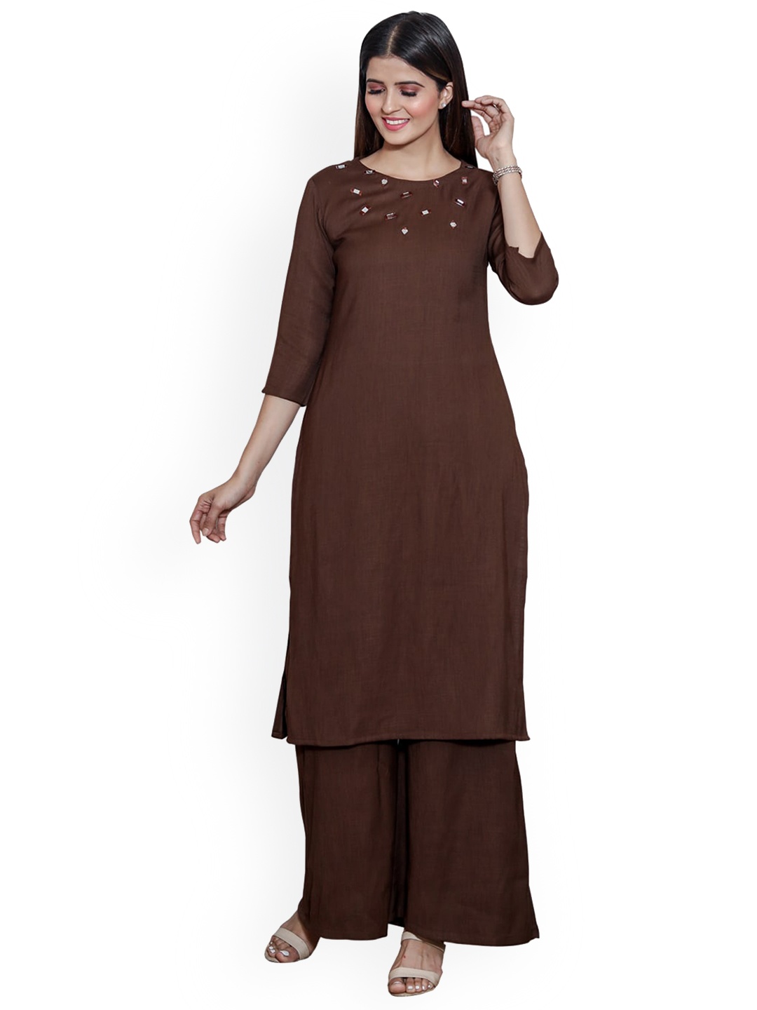 

SANADO Mirror Work Detail Cotton Straight Kurta, Brown