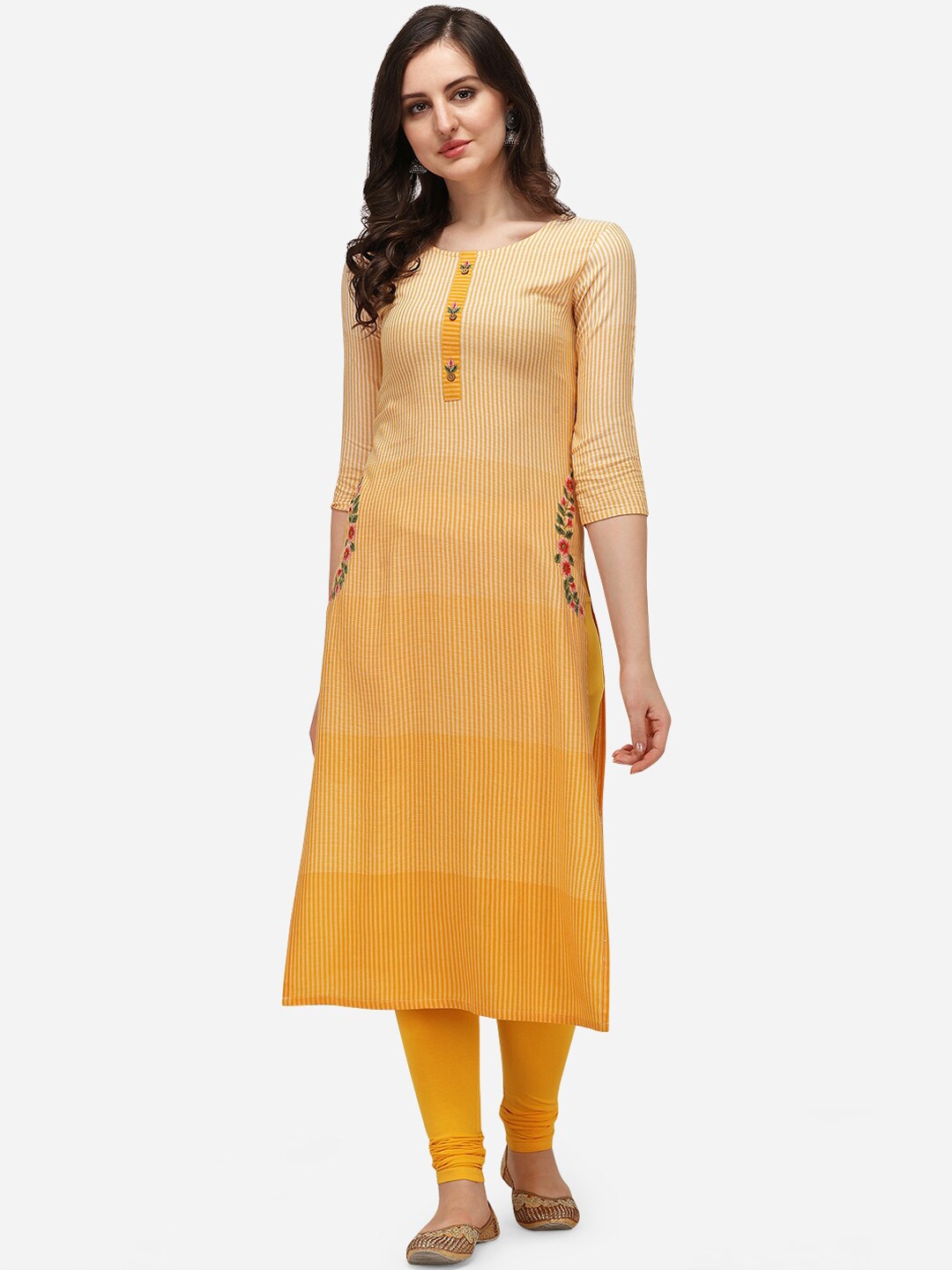 

SANADO Striped Printed Thread Work Detail Cotton Straight Kurta, Yellow