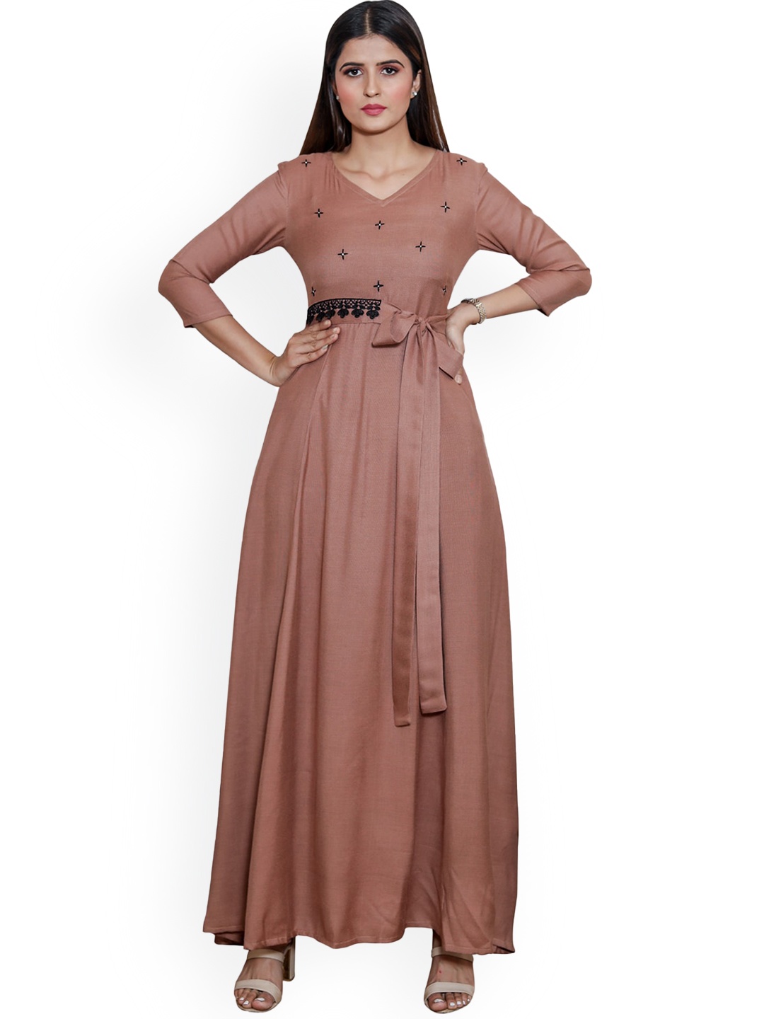 

SANADO V-Neck Embroidered Detail Fit and Flare Dresses, Brown