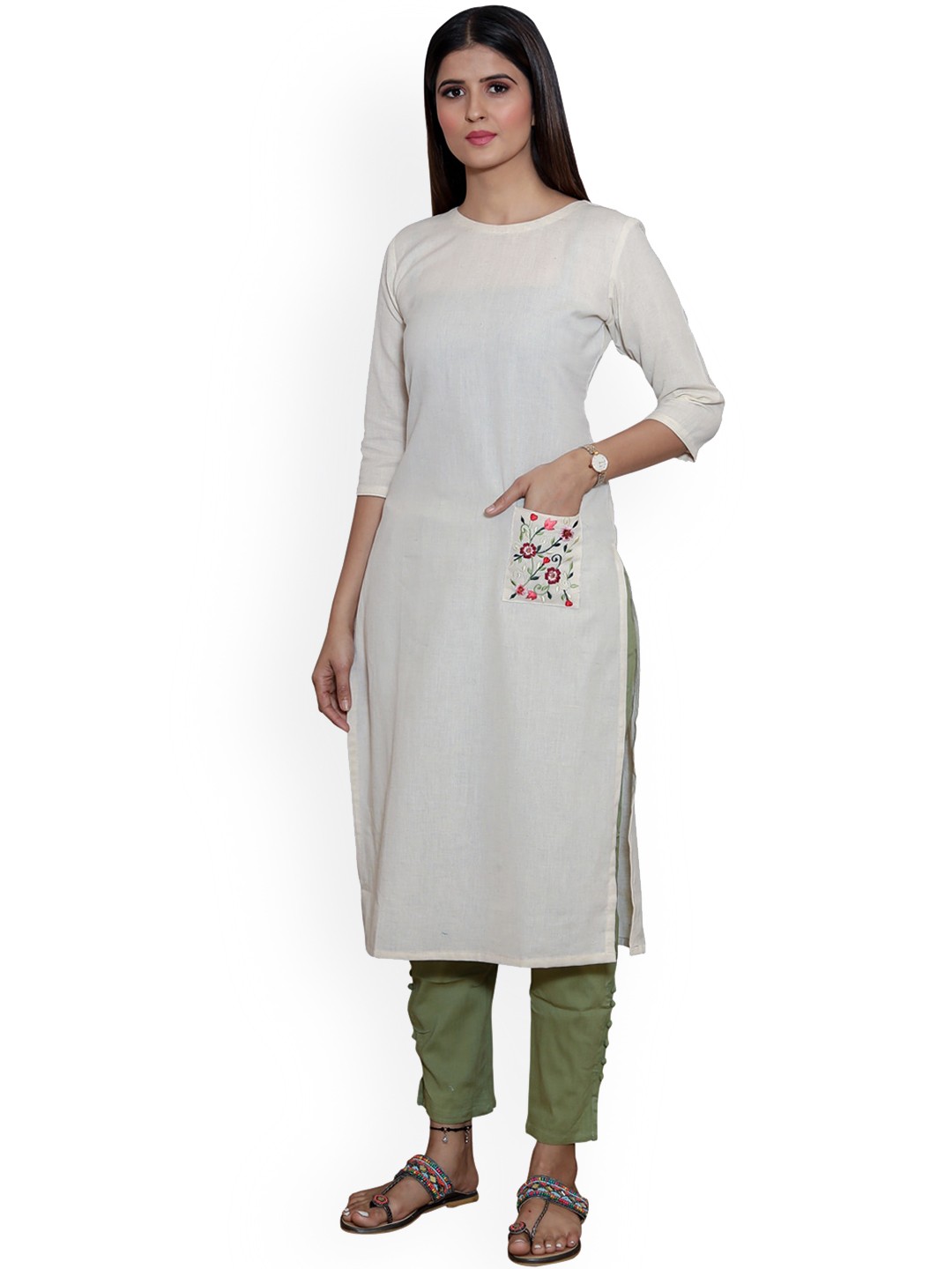

SANADO Thread Work Detail Cotton Straight Kurta, White