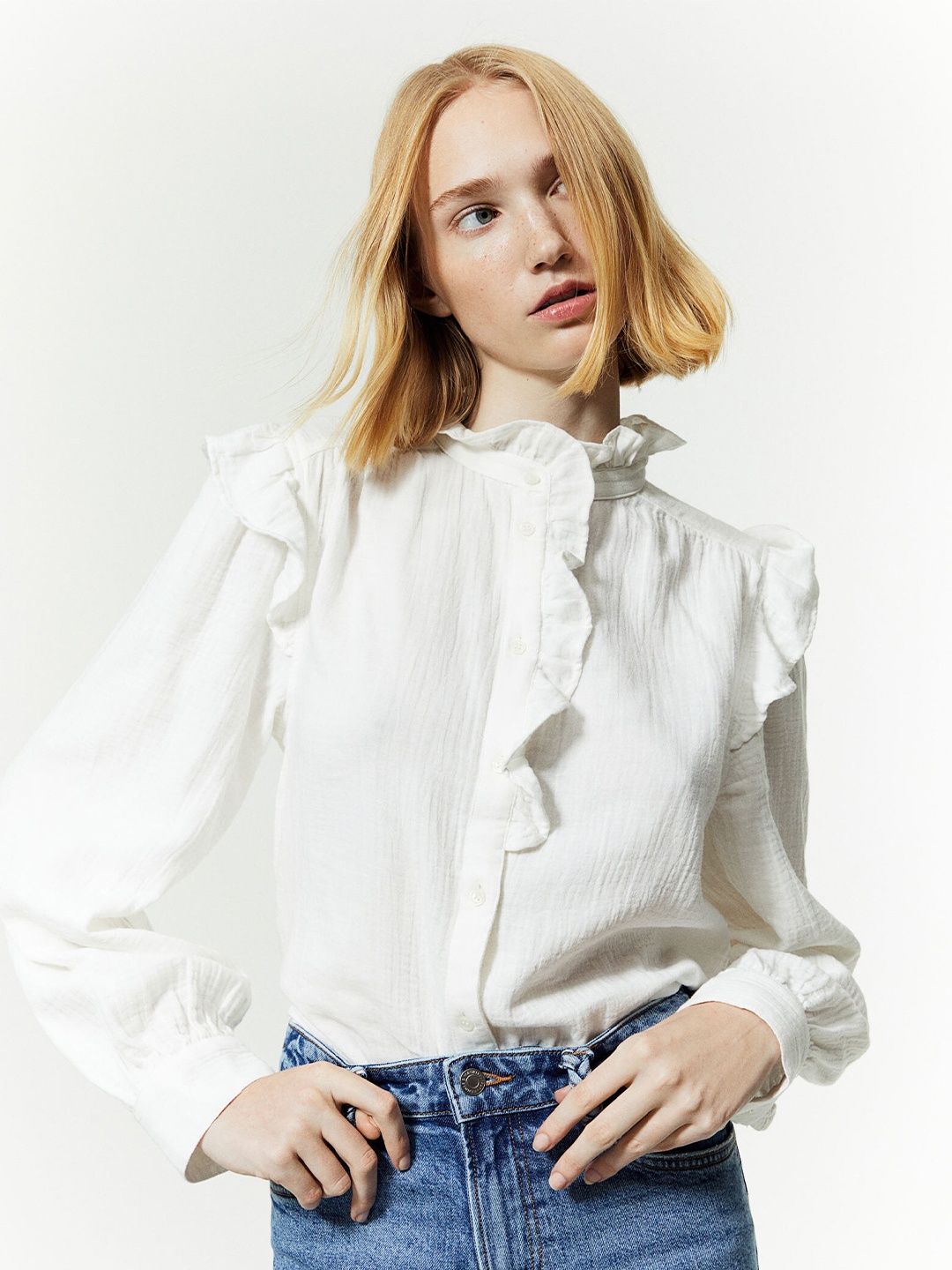 

H&M Pure Cotton Frill-Trimmed Muslin Blouse, White