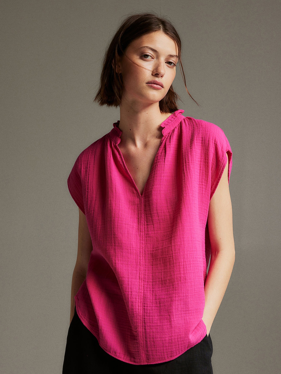 

H&M Frill-Trimmed Cotton Blouse, Pink