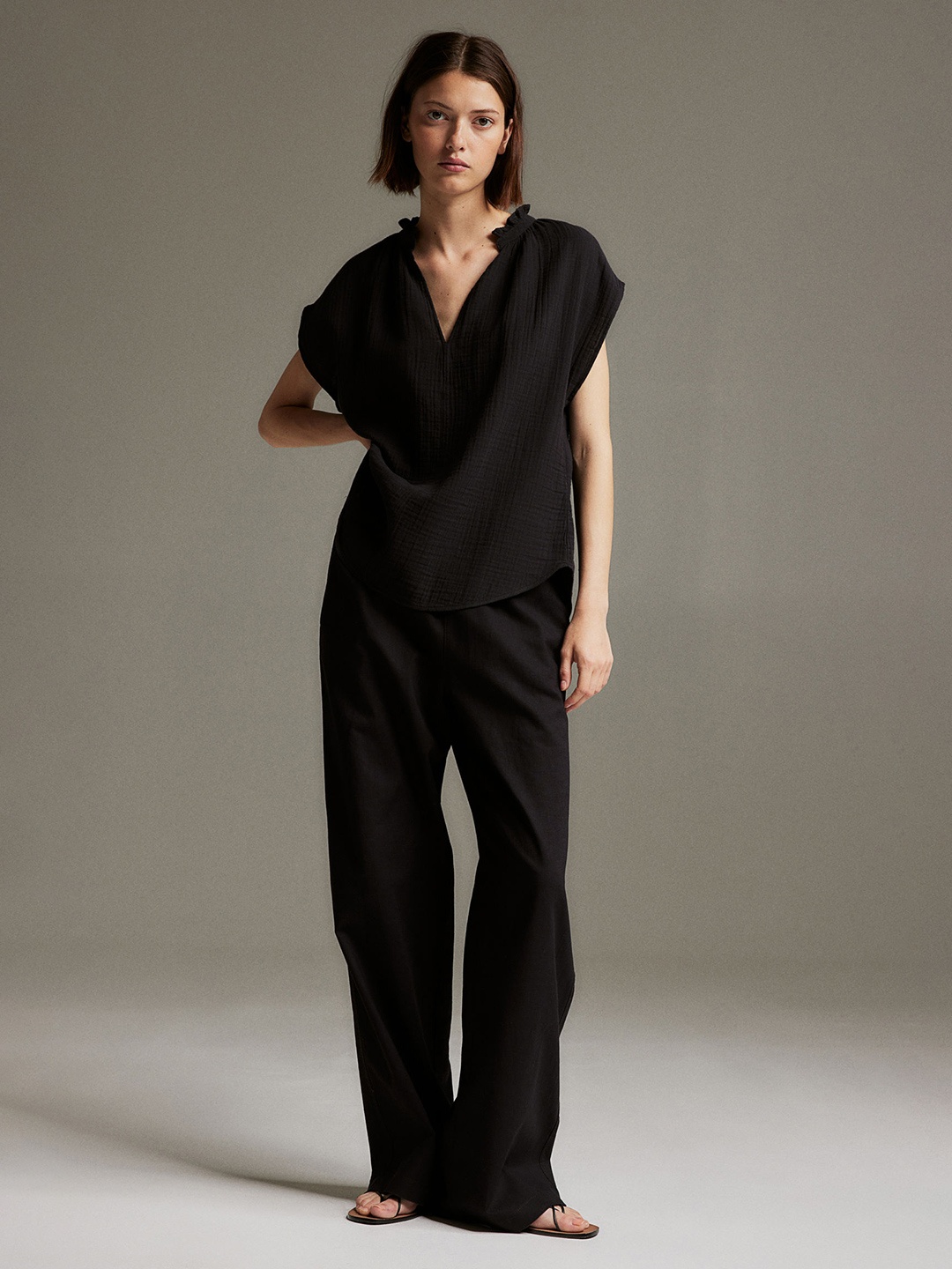 

H&M Frill-Trimmed Cotton Blouse, Black