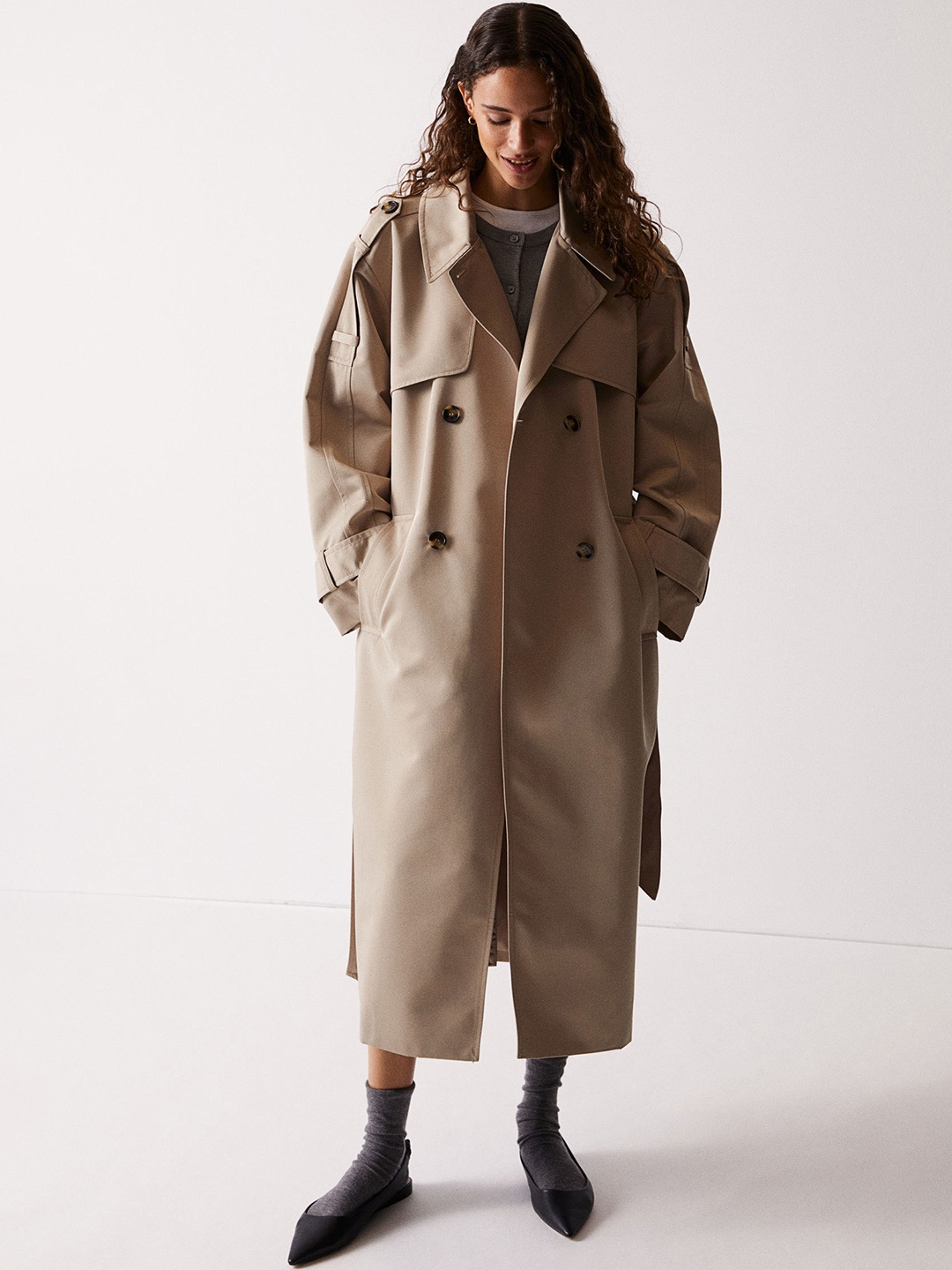 

H&M Double-Breasted Trenchcoat, Beige
