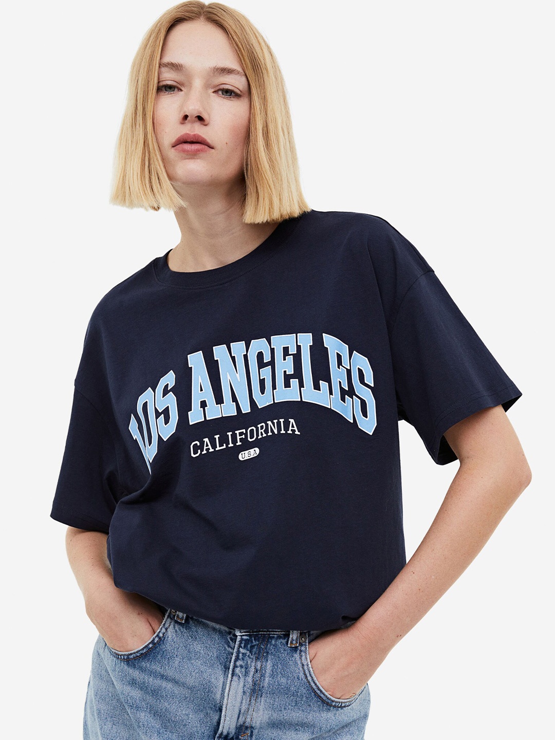 

H&M Pure Cotton Printed T-Shirt, Navy blue