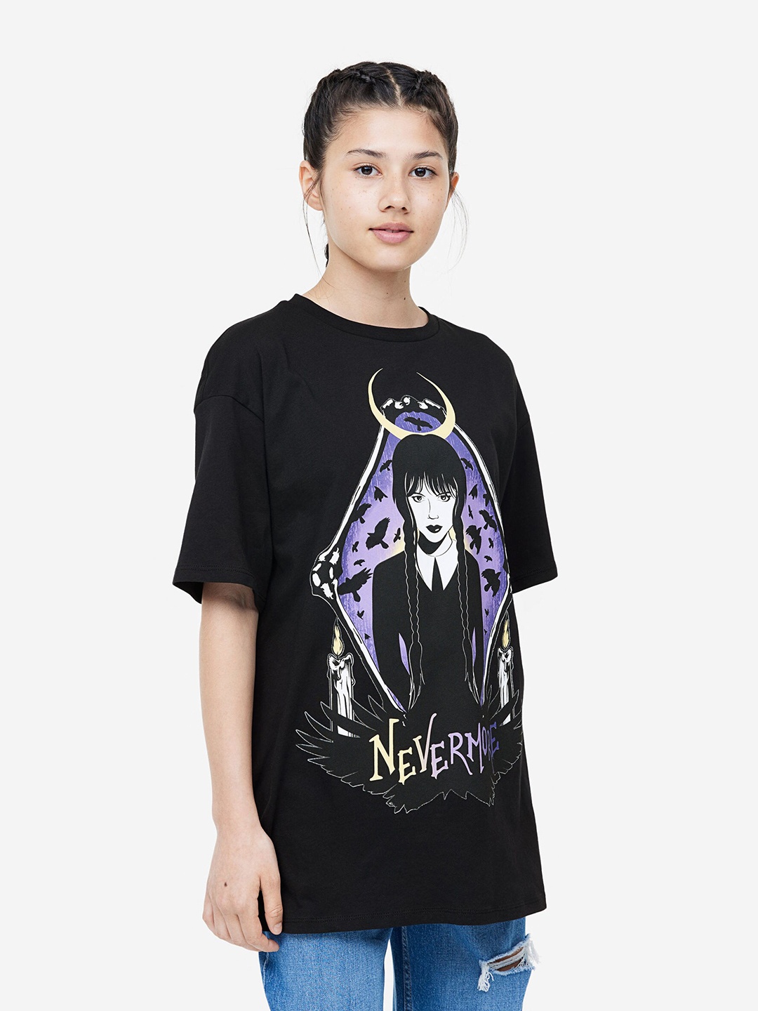 

H&M Girls Oversized Printed Pure Cotton T-shirt, Black