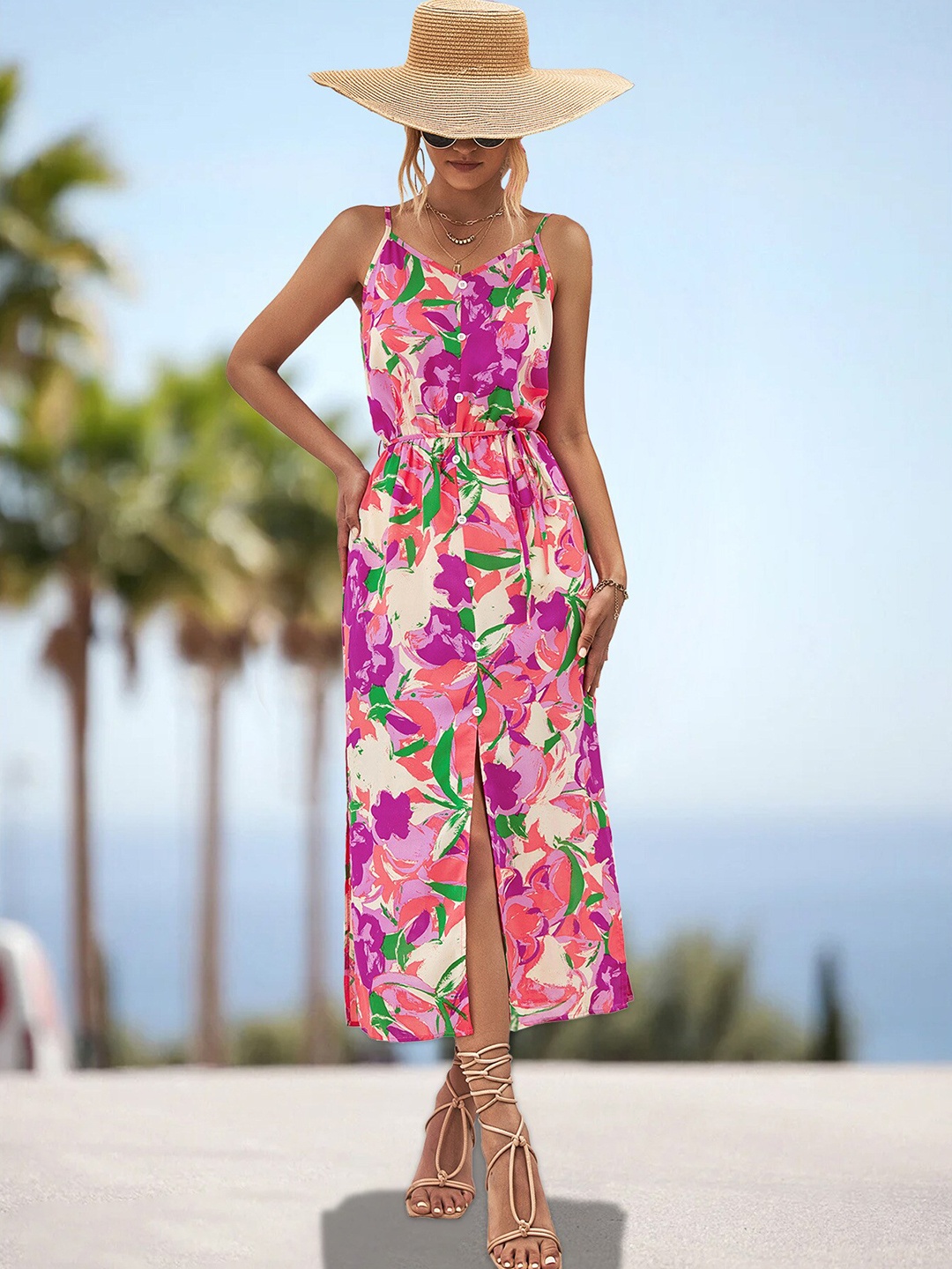 

StyleCast Purple Floral Printed Shoulder Straps Tie-Ups Detail A-Line Midi Dress