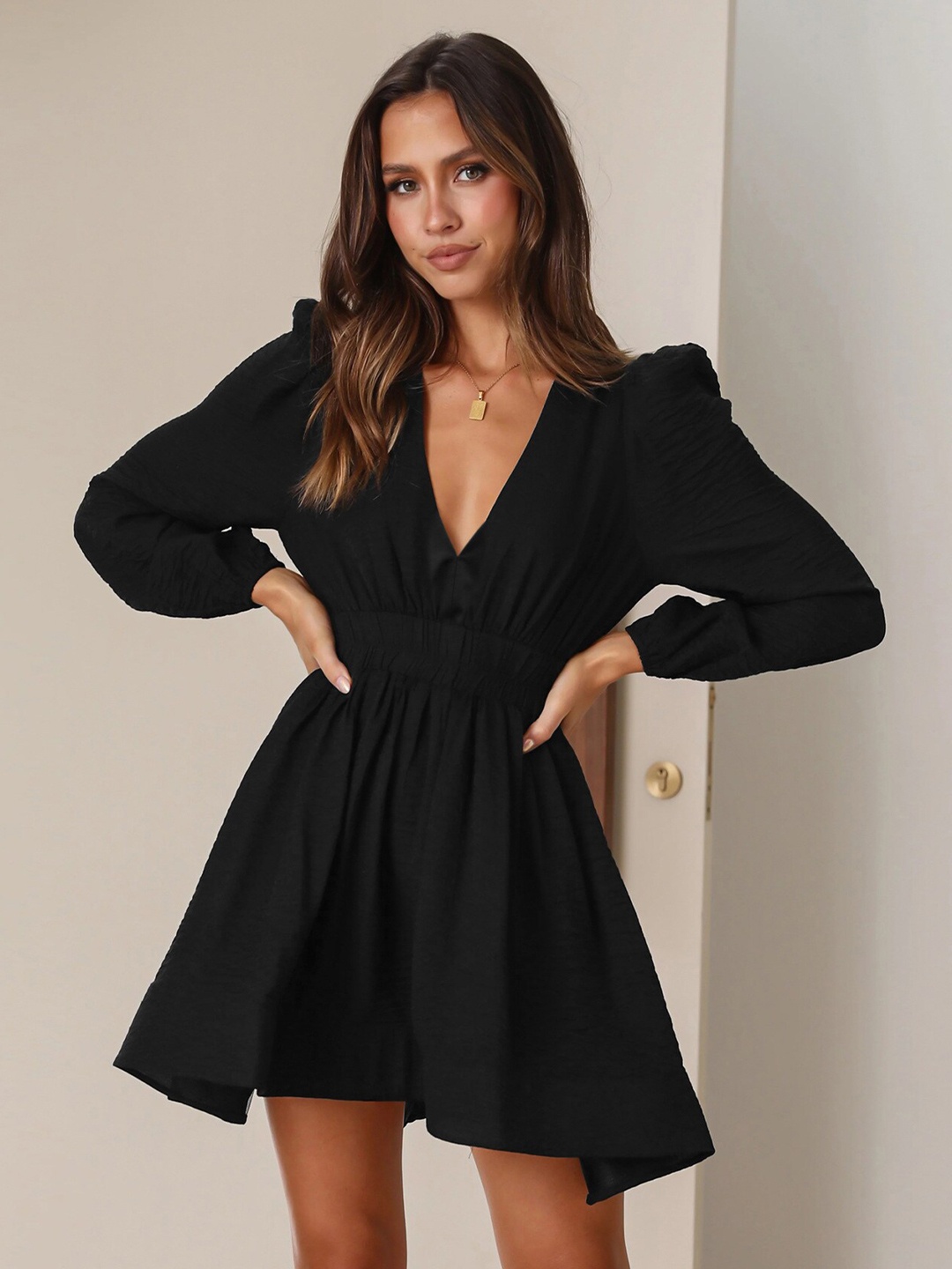 

BoStreet Black V-Neck Puff Sleeves Gathered Casual Fit & Flare Dress