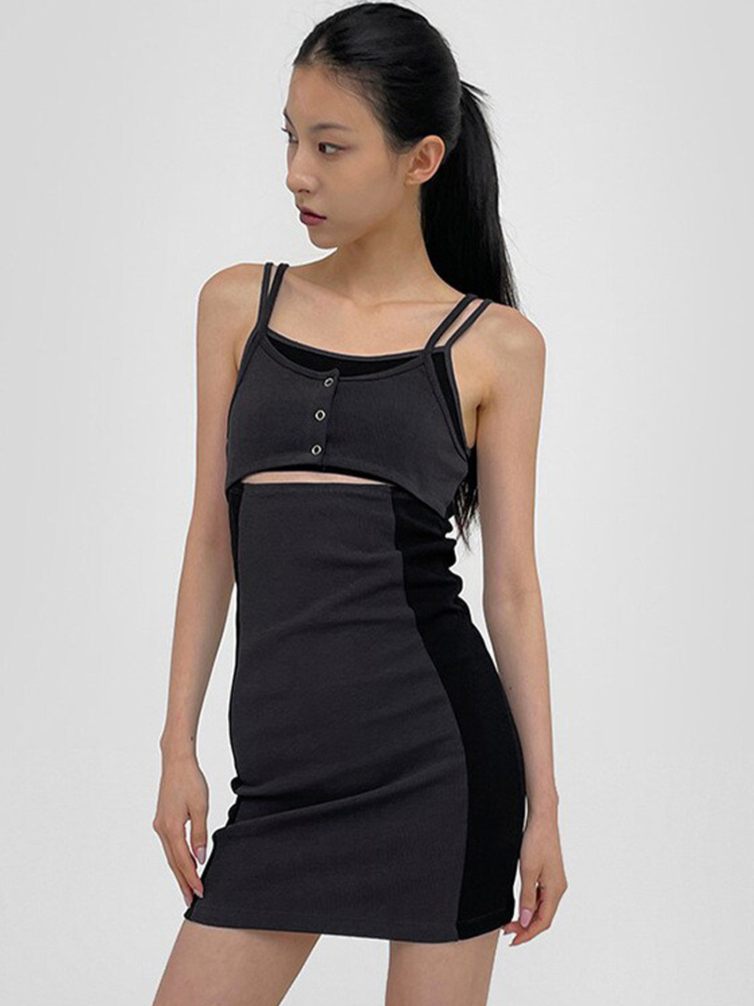 

StyleCast Black & Grey Colourblocked Shoulder Straps Sleeveless Bodycon Mini Dress