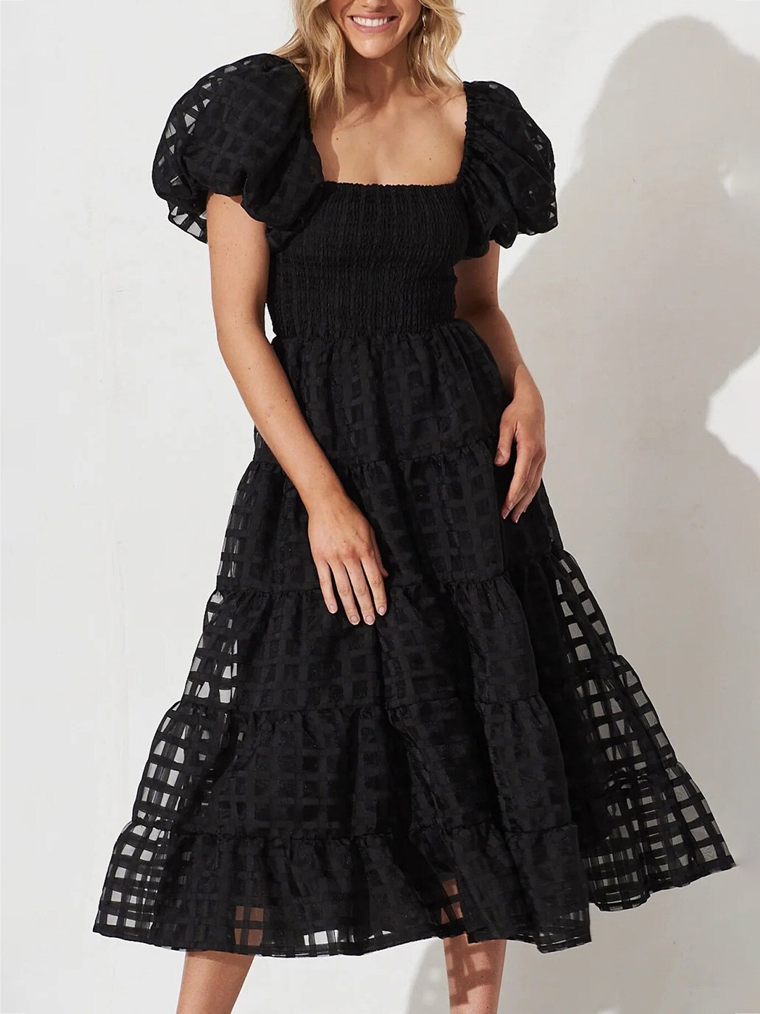 

StyleCast White Checked Square Neck Puff Sleeves Smocked Casual Fit & Flare Midi Dress, Black