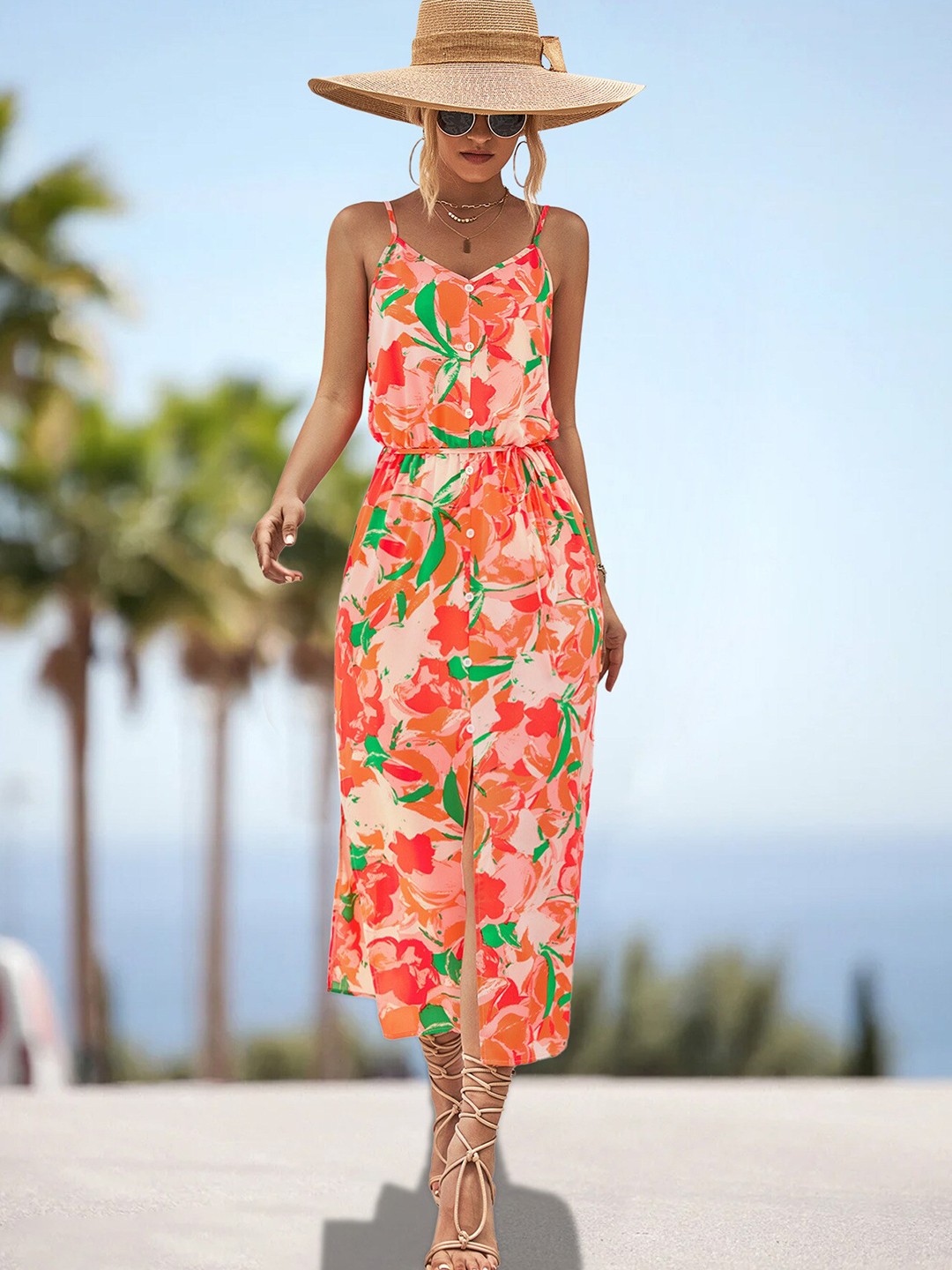 

BoStreet Off-White & Orange Floral Printed Shoulder Straps Shirt Dress