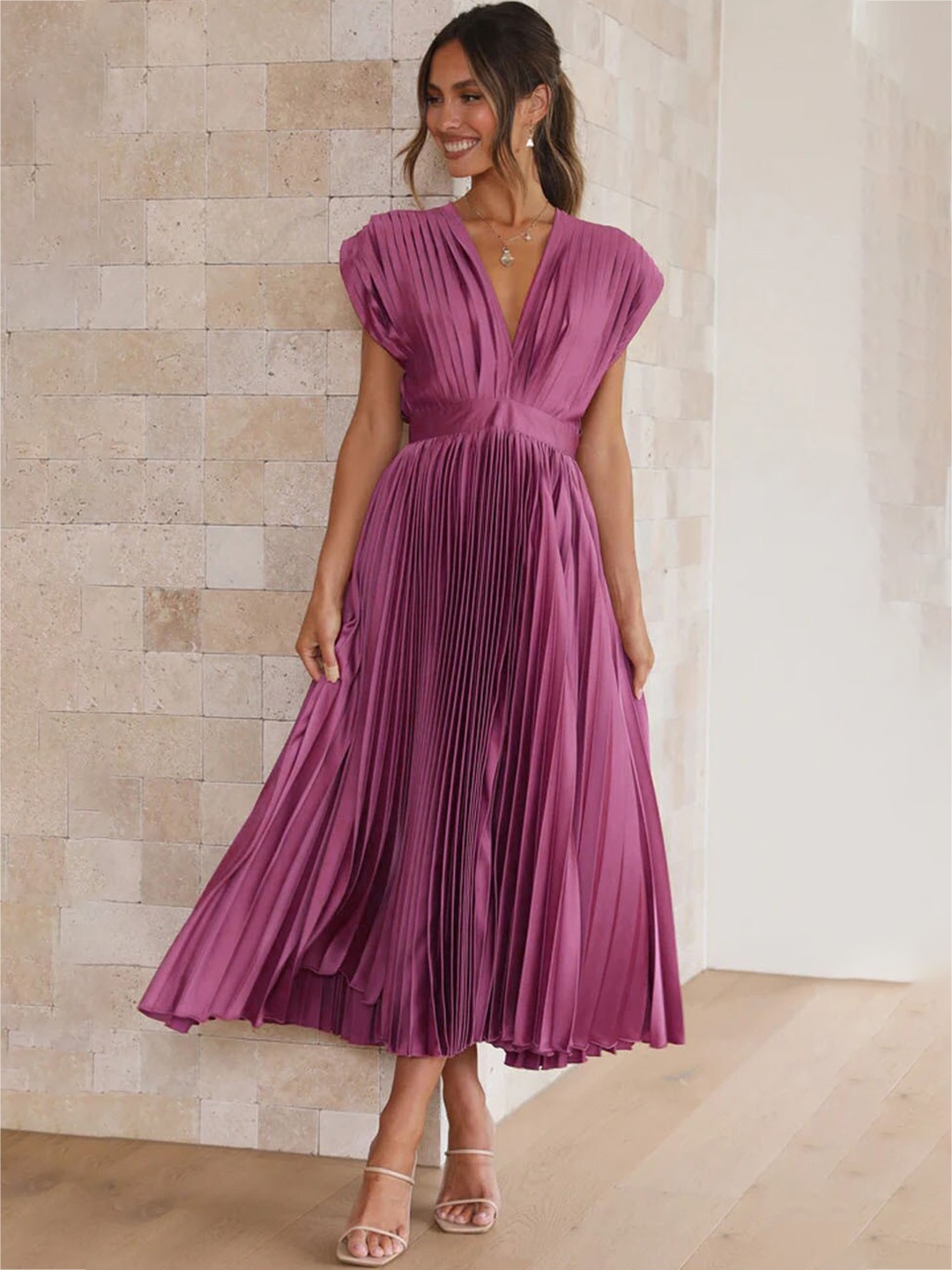 

StyleCast Purple V-Neck Extended Sleeves Accordion Pleated Fit & Flare Midi Dress