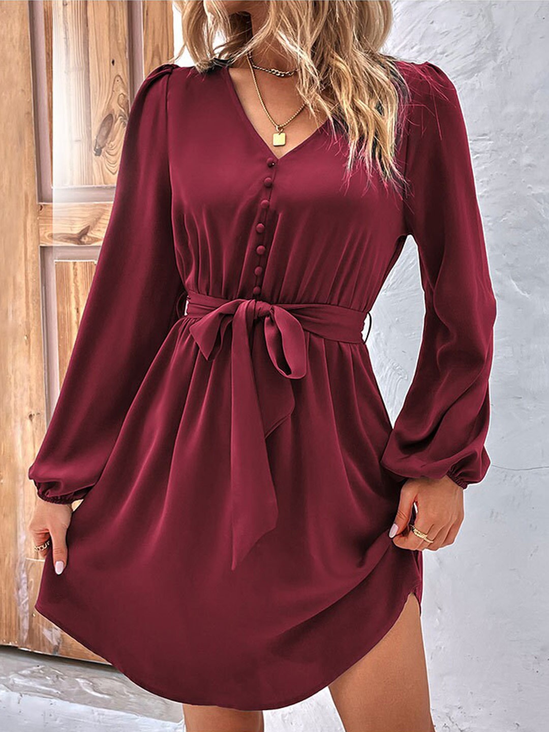 

StyleCast Maroon V-Neck Puff Sleeves Casual Fit & Flare Dress