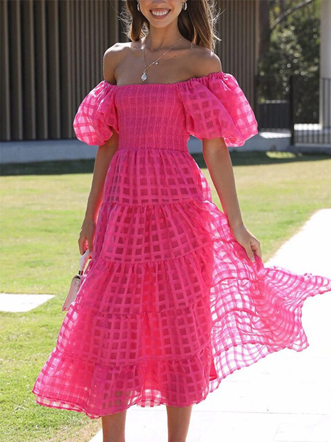 

BoStreet Pink Self Design Off-Shoulder Puff Sleeve Smocked Tiered Fit & Flare Midi Dress