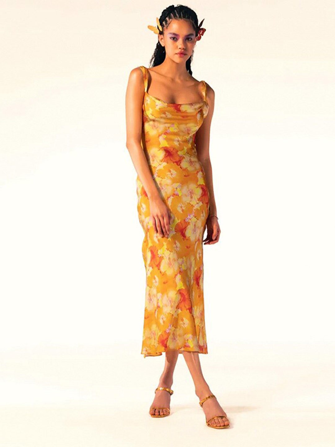 

BoStreet Yellow Floral Printed Shoulder Straps Bodycon Dress