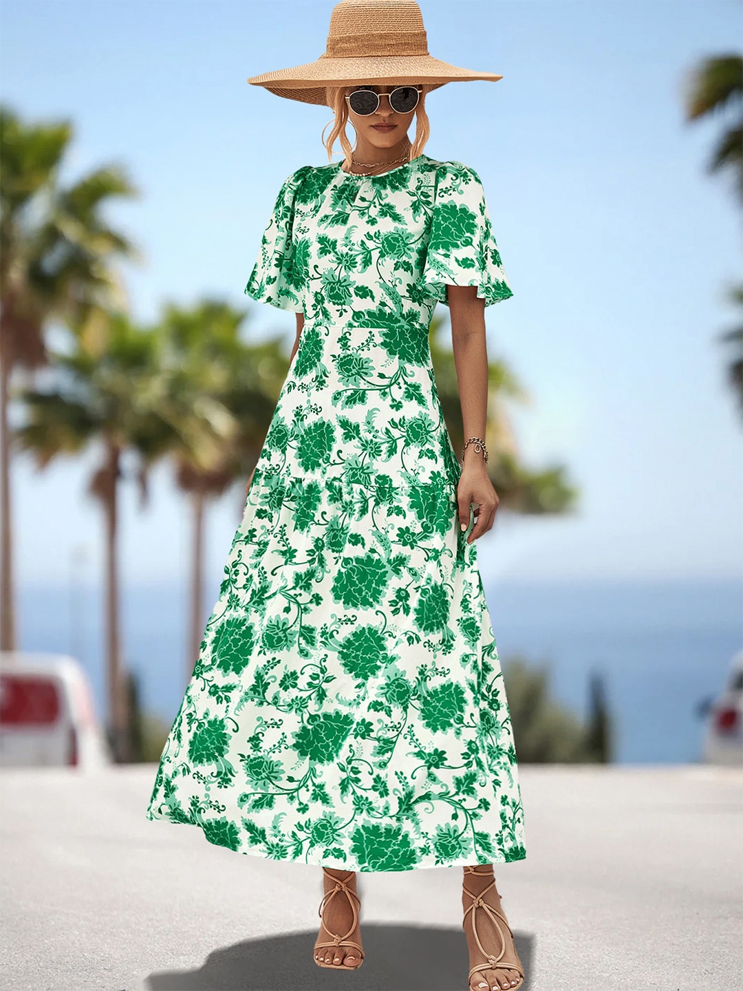 

StyleCast Floral Printed Round Neck Flutter Sleeve Fit & Flare Dress, Green