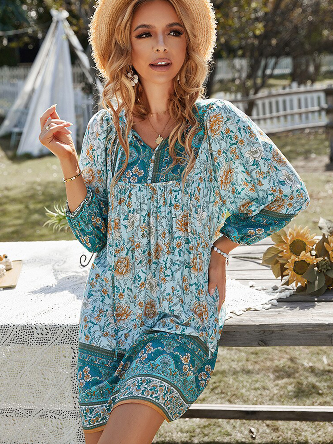 

BoStreet Blue Floral Printed V-Neck Puff Sleeves Gathered A-Line Mini Dress