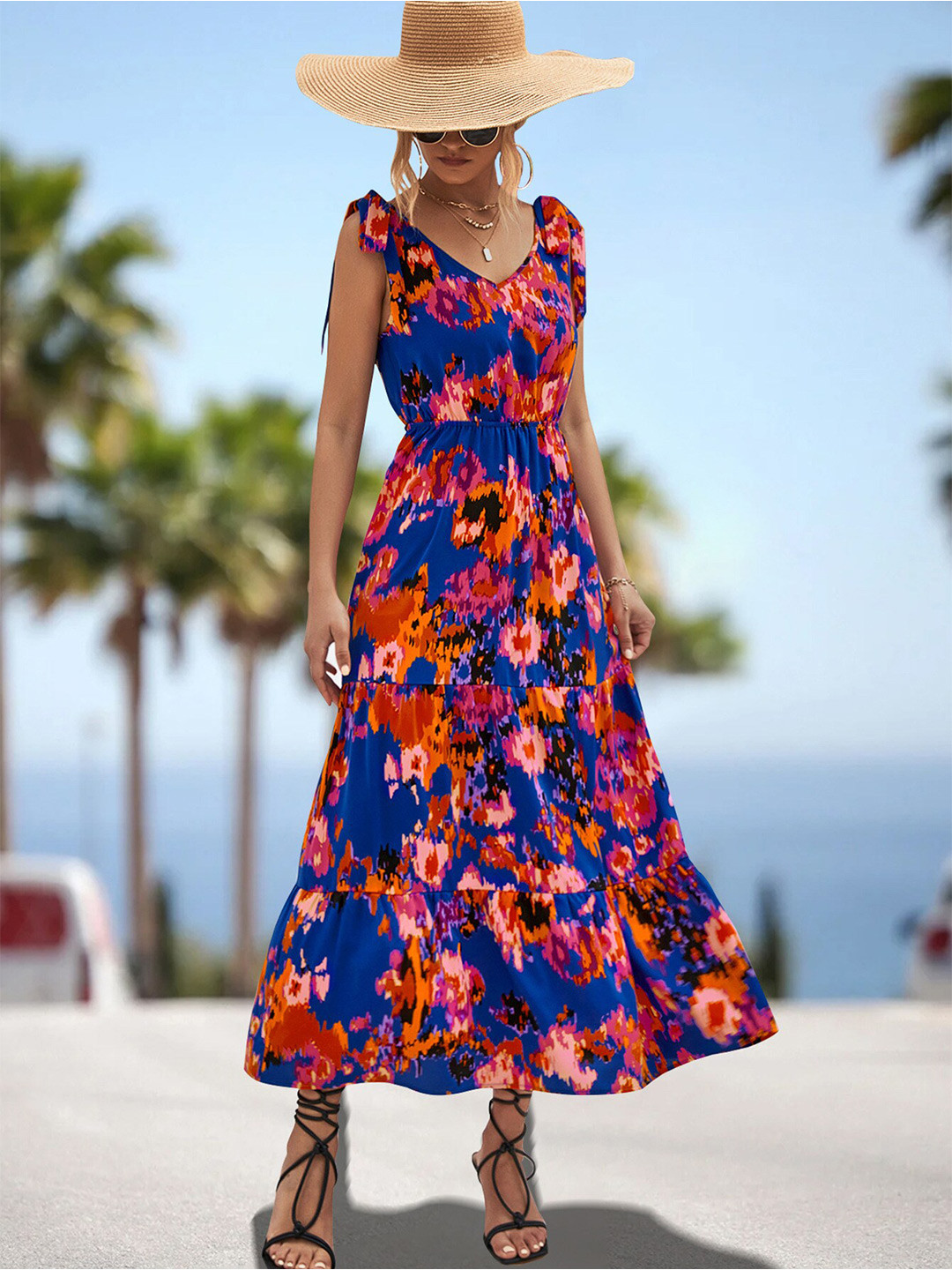 

StyleCast Blue & Orange Abstract Printed V-Neck Sleeveless Tie-Ups Detail Casual Maxi Dress