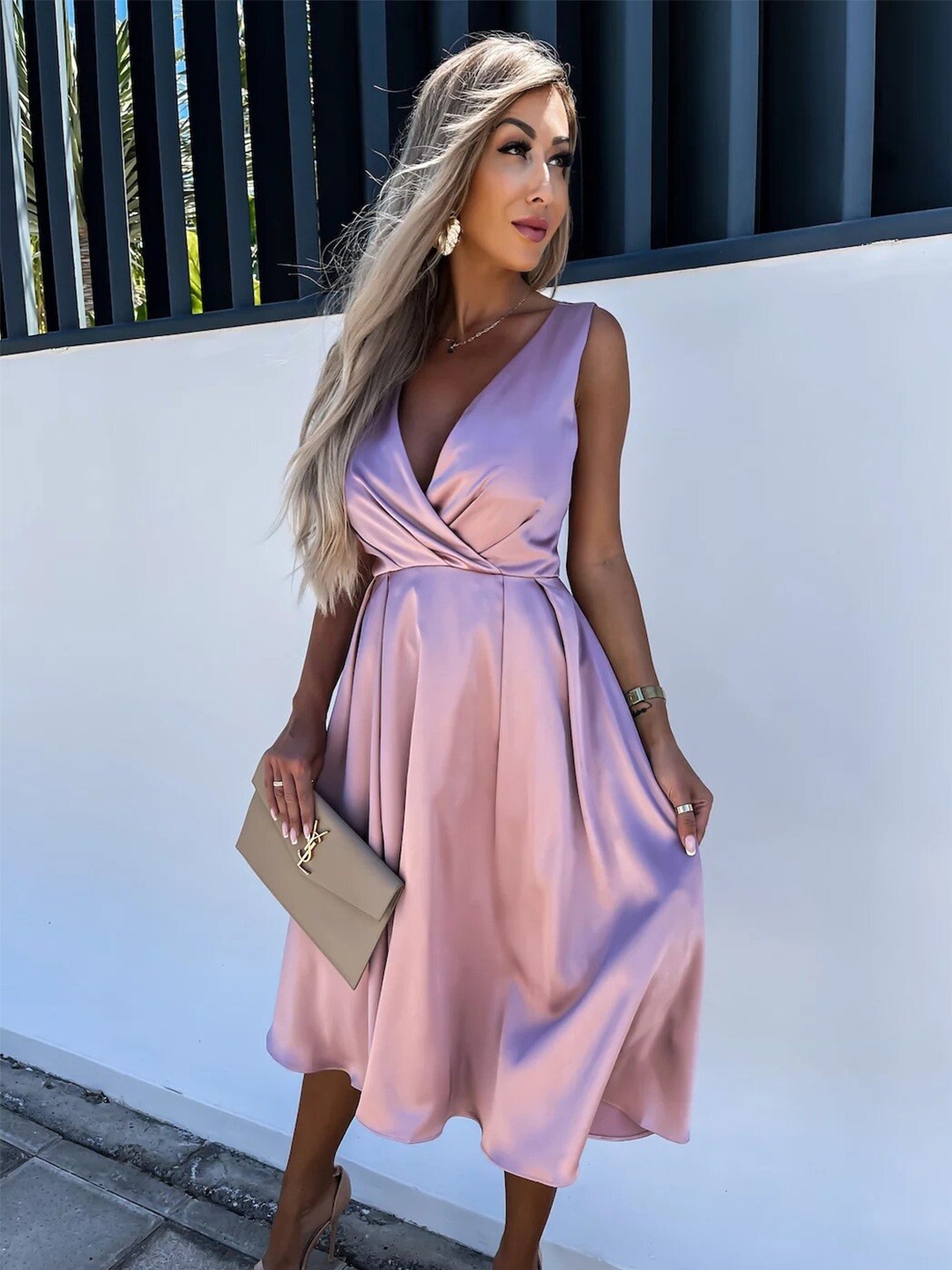 

StyleCast Pink V-Neck Pleated Fit & Flare Dress