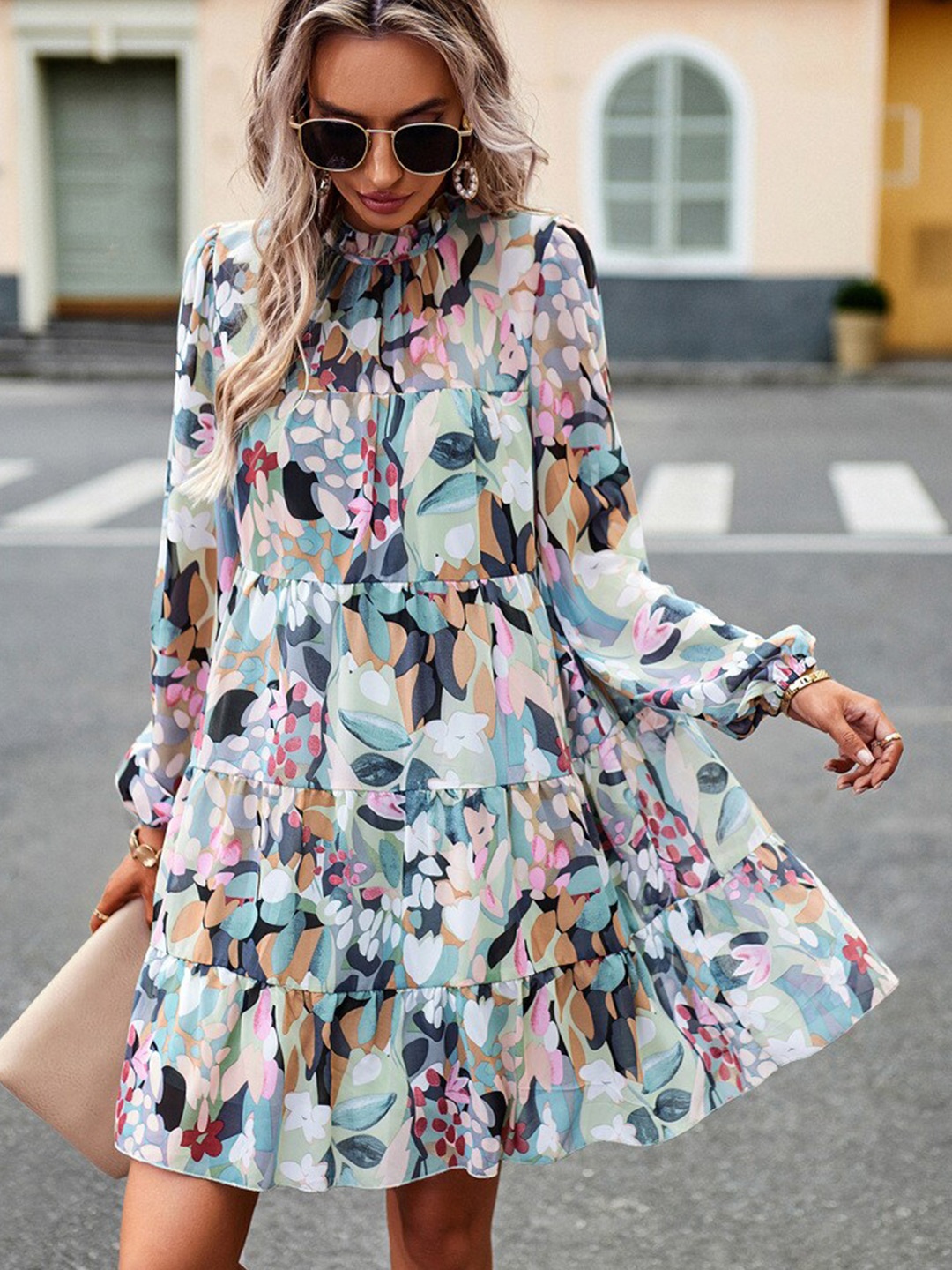 

StyleCast Green & Blue Abstract Printed Tie-Up Neck Gathered Casual A-Line Dress