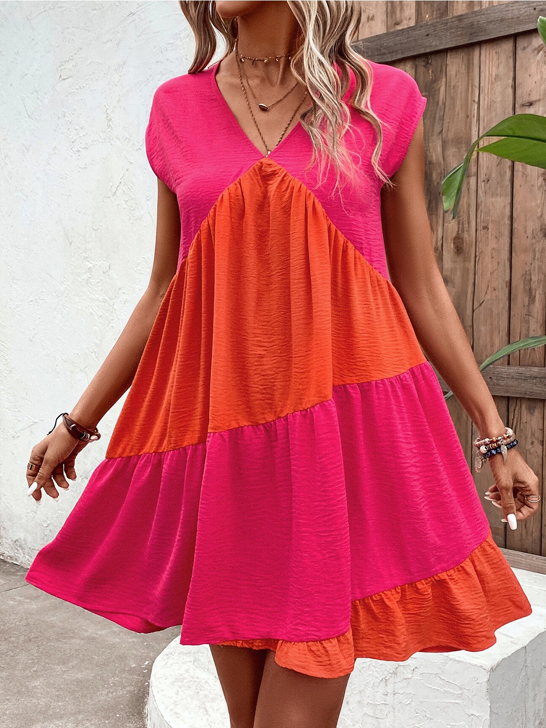 

BoStreet Pink & Orange Colourblocked V-Neck Extended Sleeves Casual A-Line Dress