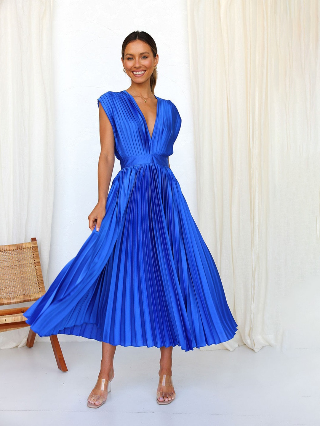 

BoStreet Blue V-Neck Cap Sleeve Accordion Pleated Fit & Flare Dress