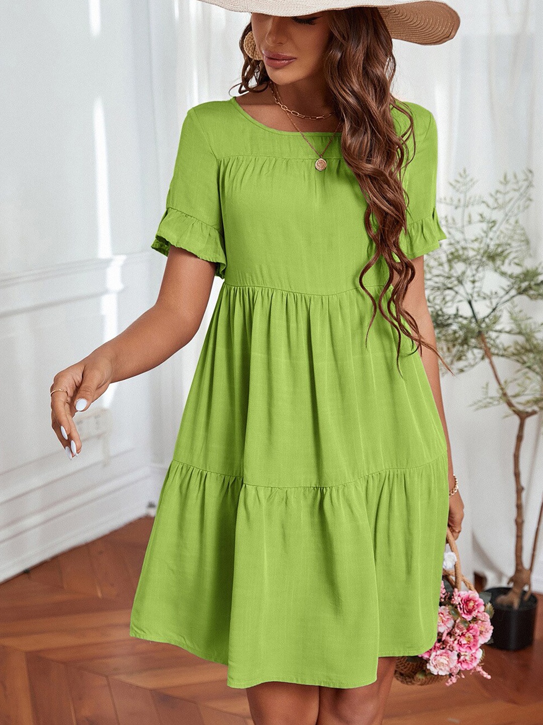 

BoStreet Olive Flutter Sleeve Tiered Fit & Flare Dress